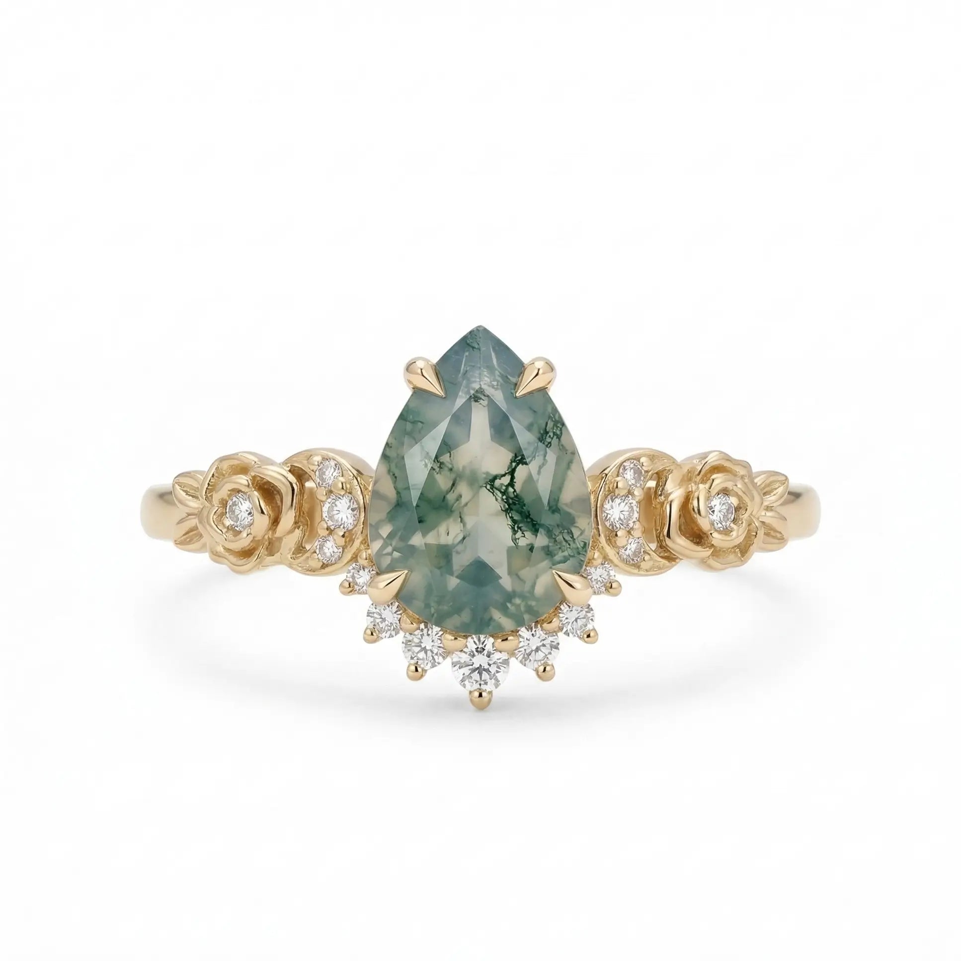 pear shaped moss agate rose blossom engagement ring nature inspired floral moss agate ring with moissanite accents