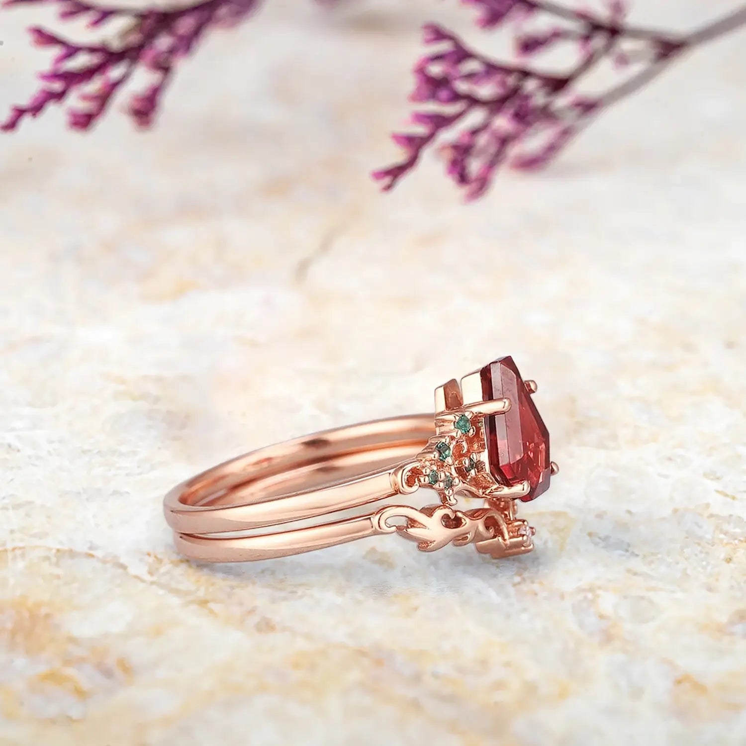Coral-style ruby wedding ring set for women in solid gold