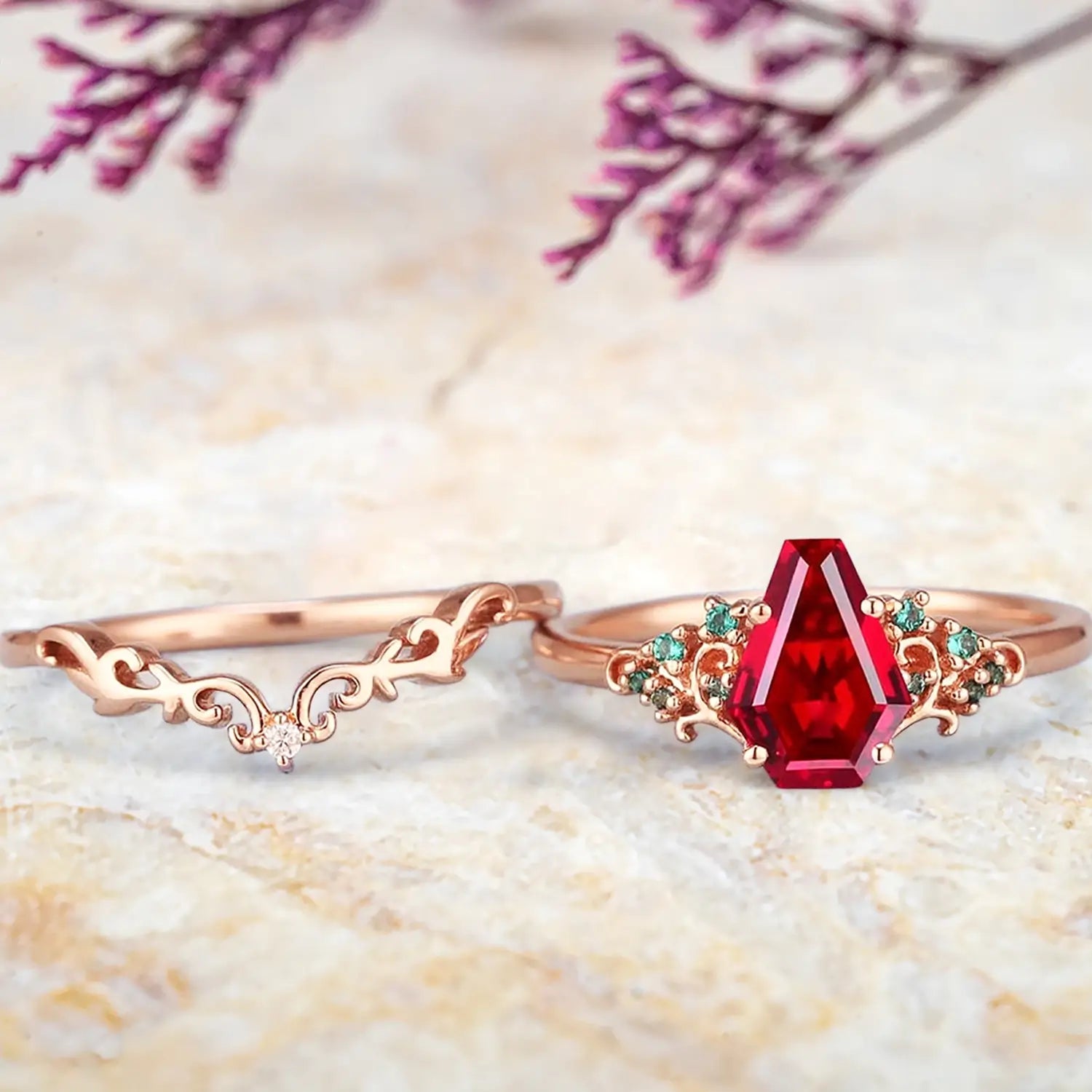Coral-style ruby wedding ring set for women in solid gold orleone jewelry ring