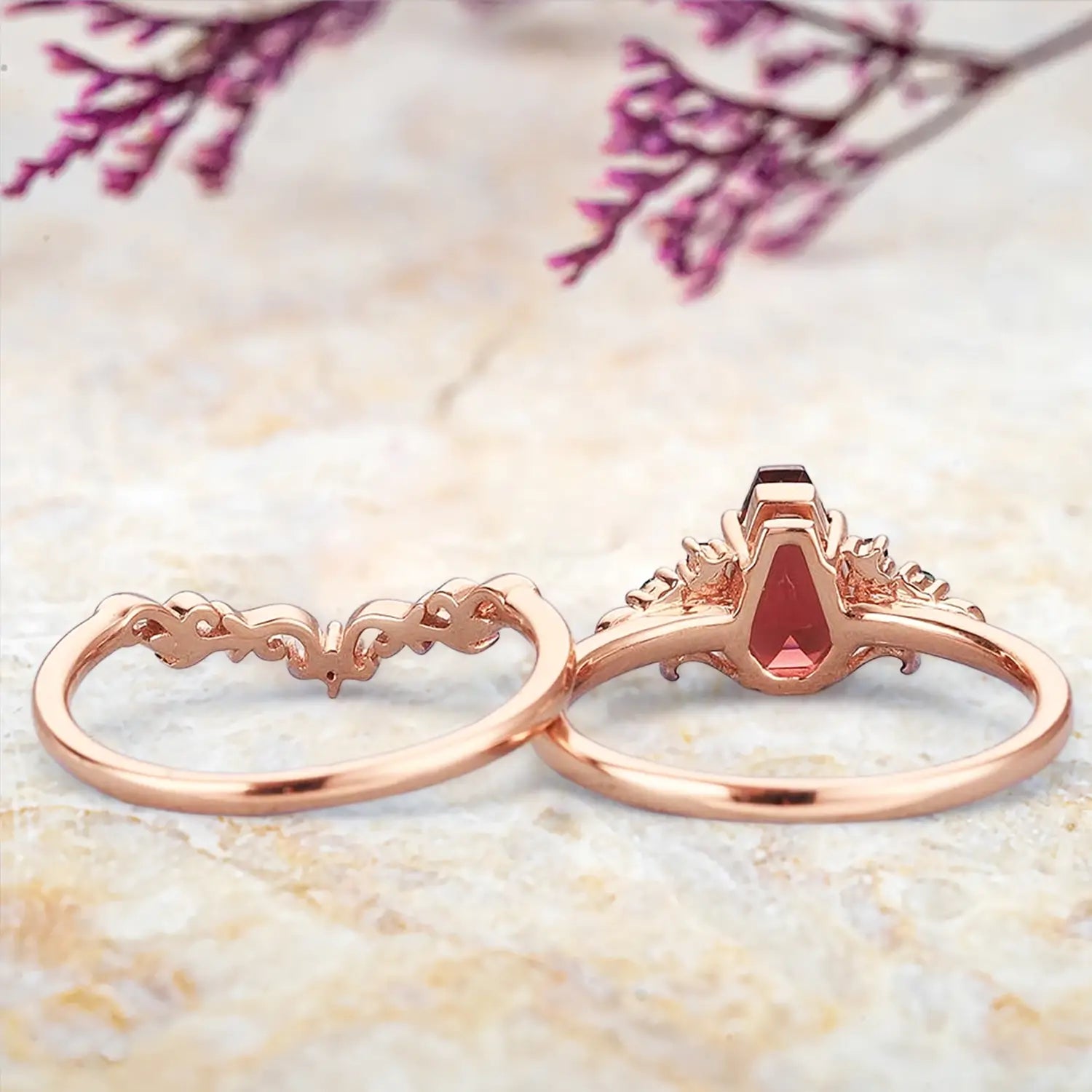 coral inspired ruby engagement ring set, custom emerald cluster wedding ring, oceanic lab ruby ring