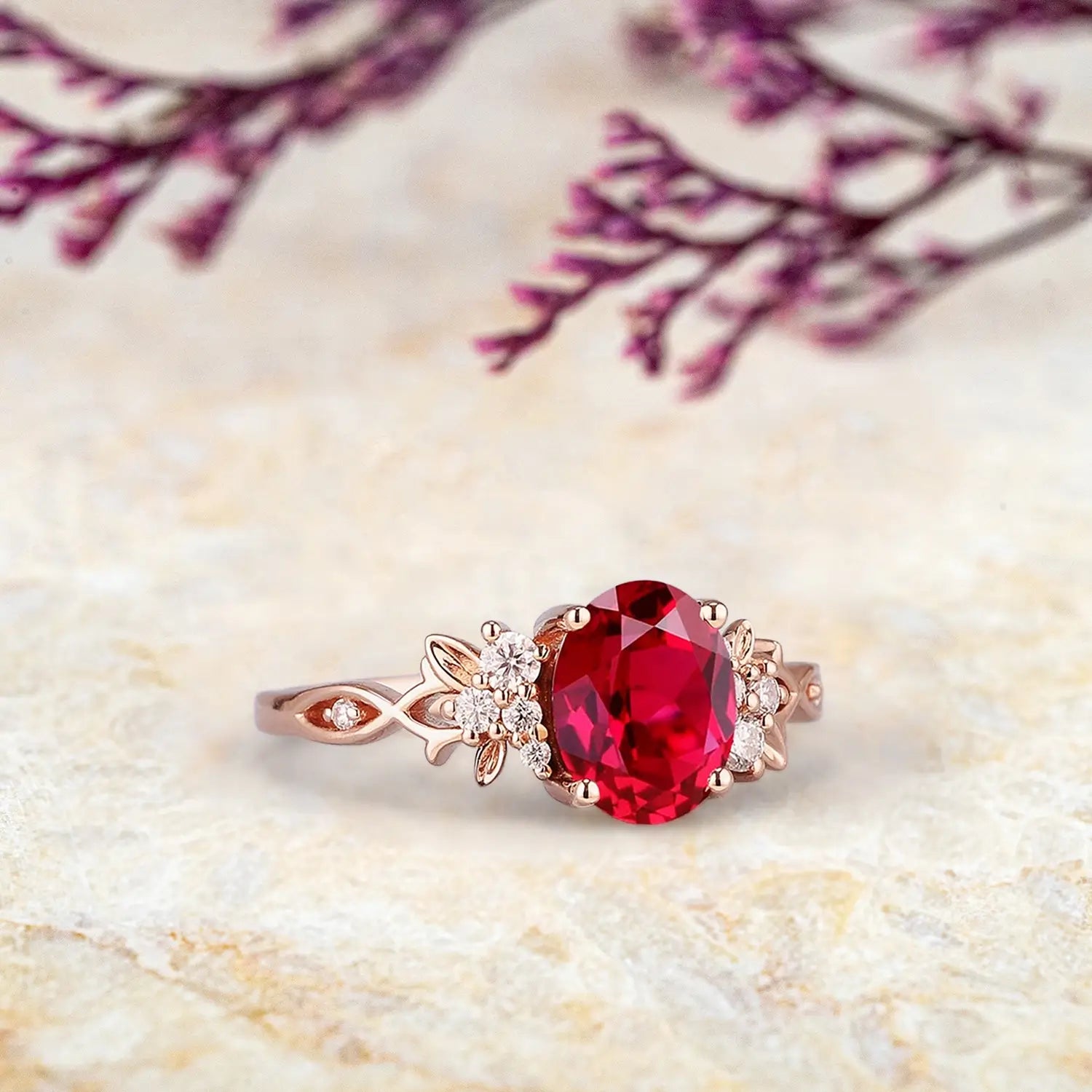 Flower-inspired ruby and gold wedding ring handmade with vintage detailing