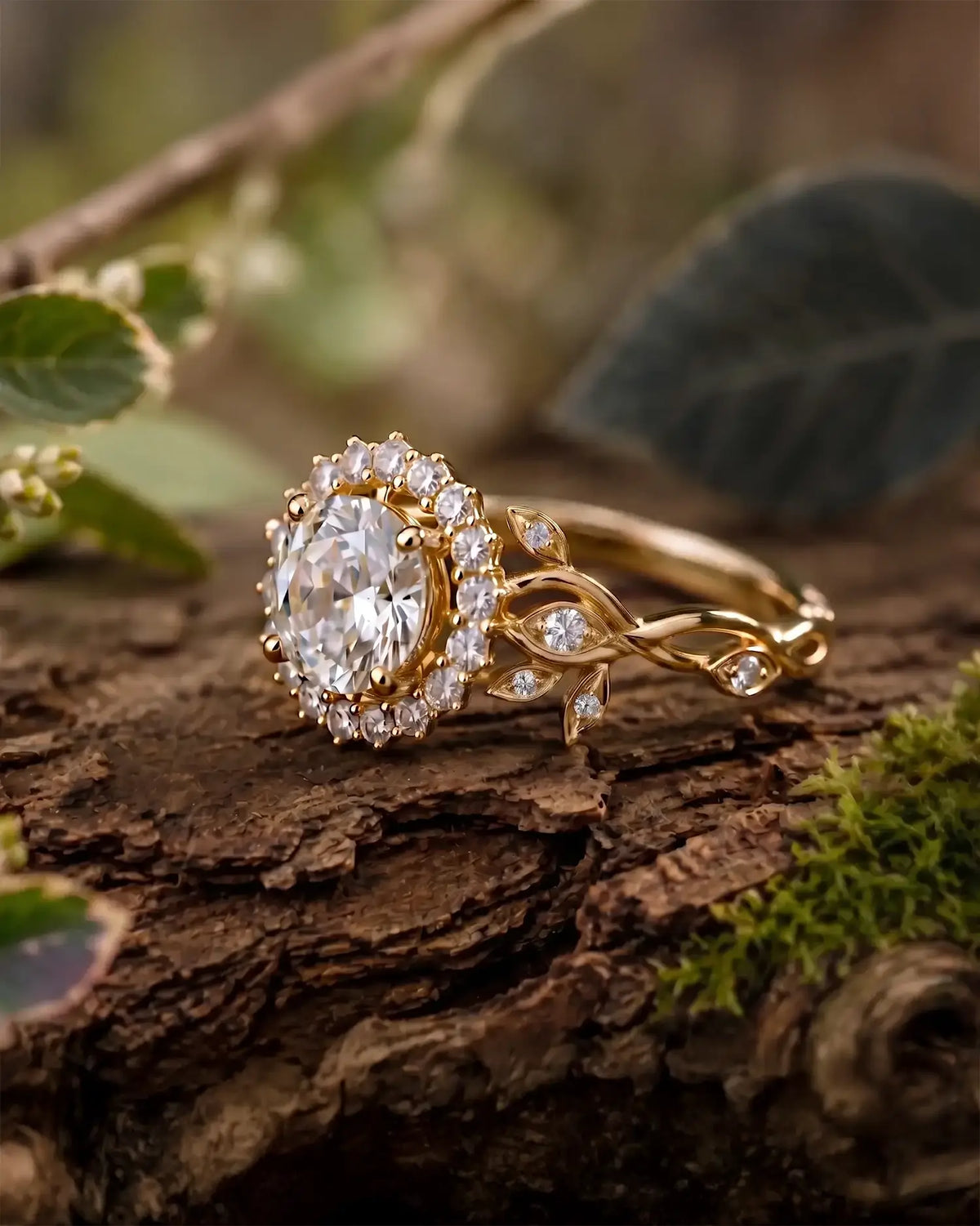 Round cut moissanite botanical halo leaf engagement ring in rose gold with vine-inspired band
