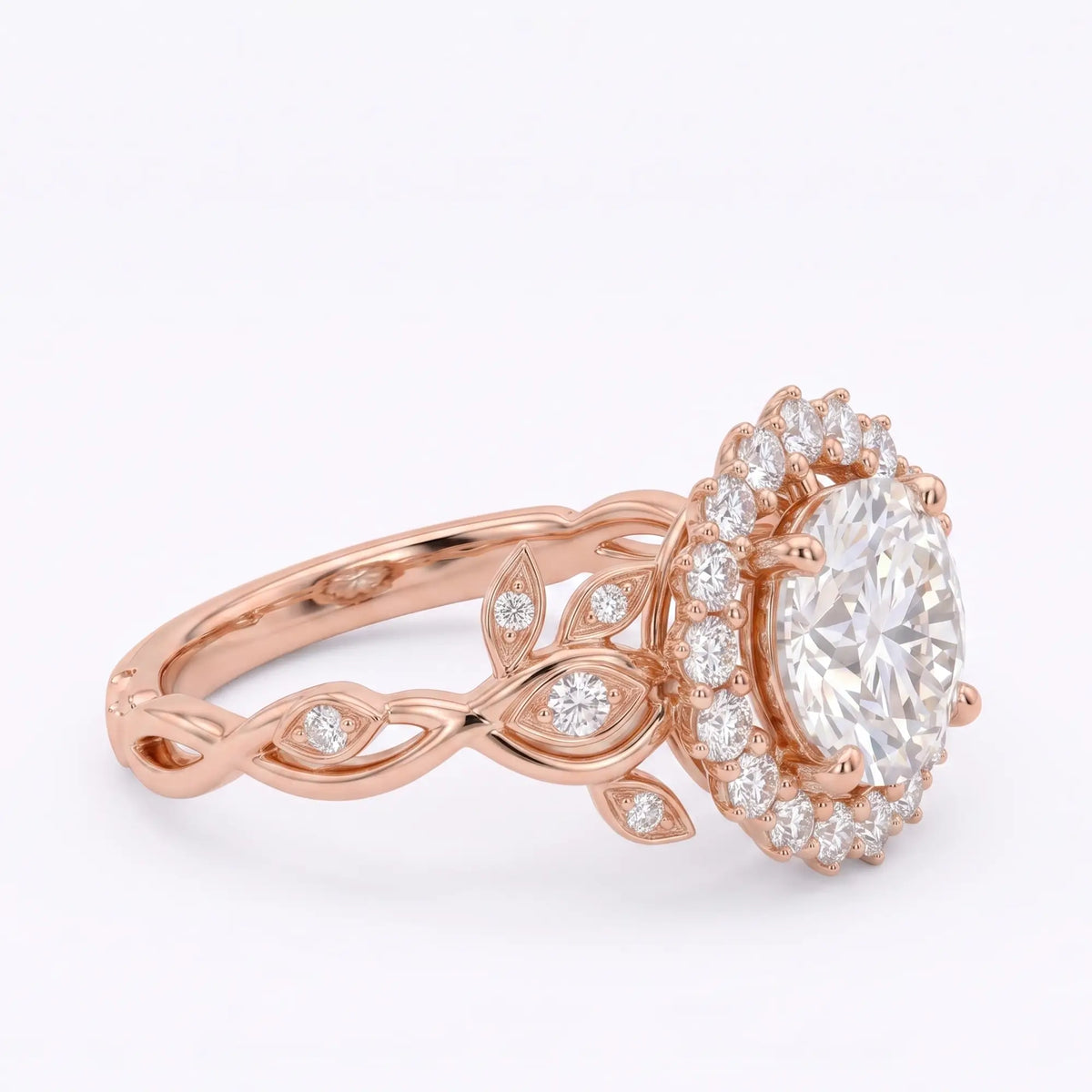 Side angle of a botanical halo leaf engagement ring with round moissanite center stone