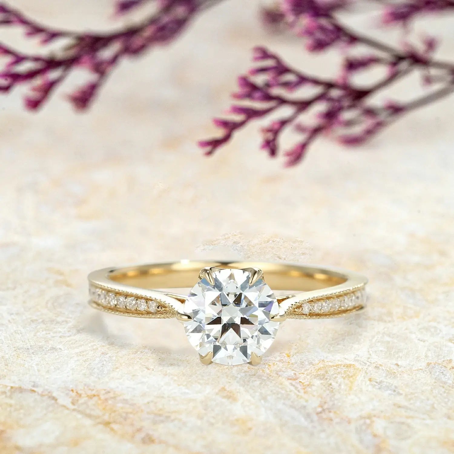 Round Lab Diamond Milgrain Engagement Rings | Promise Ring custom 18k gold ring for ladies