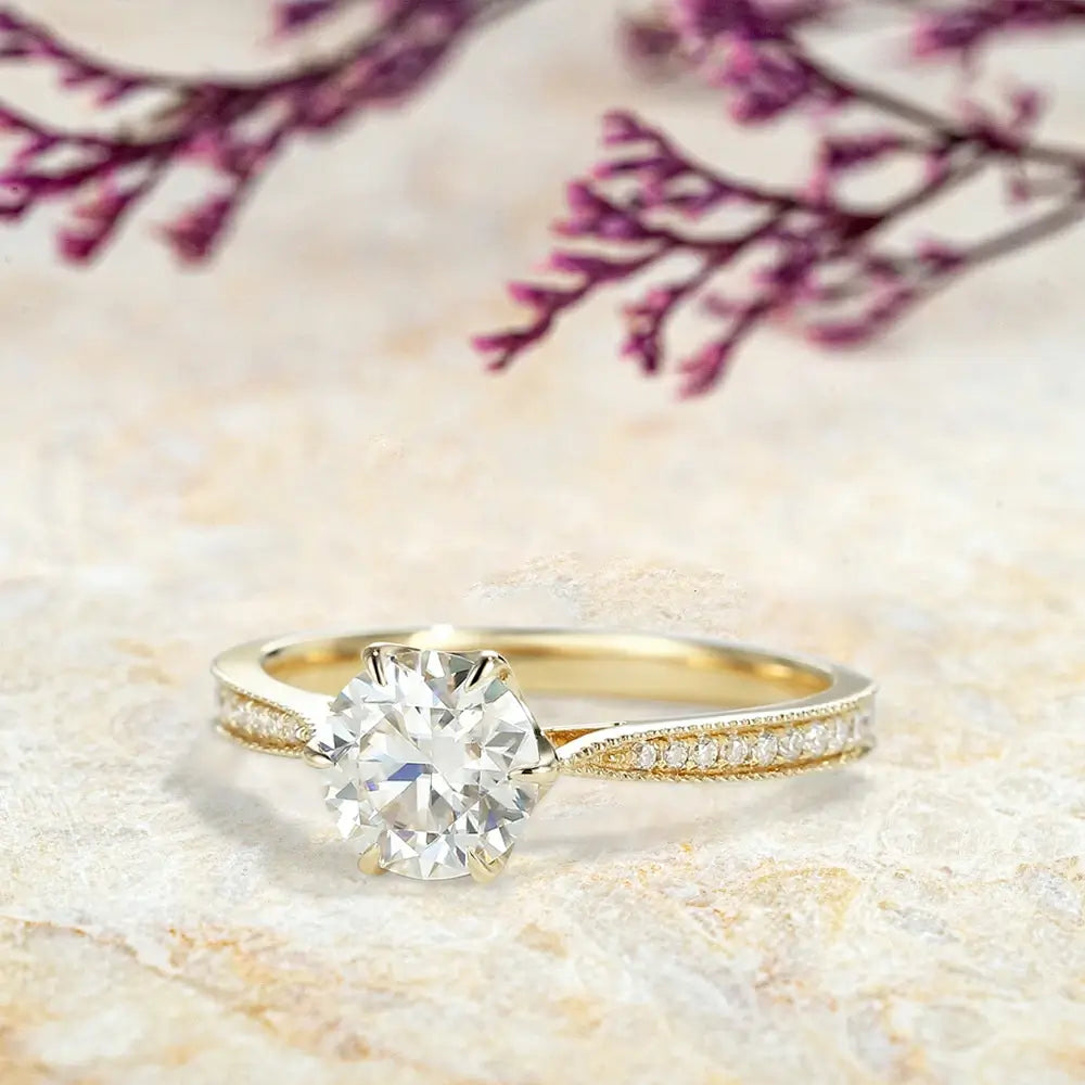 Round Lab Diamond Milgrain Engagement Rings | Promise Ring custom 18k gold ring for ladies