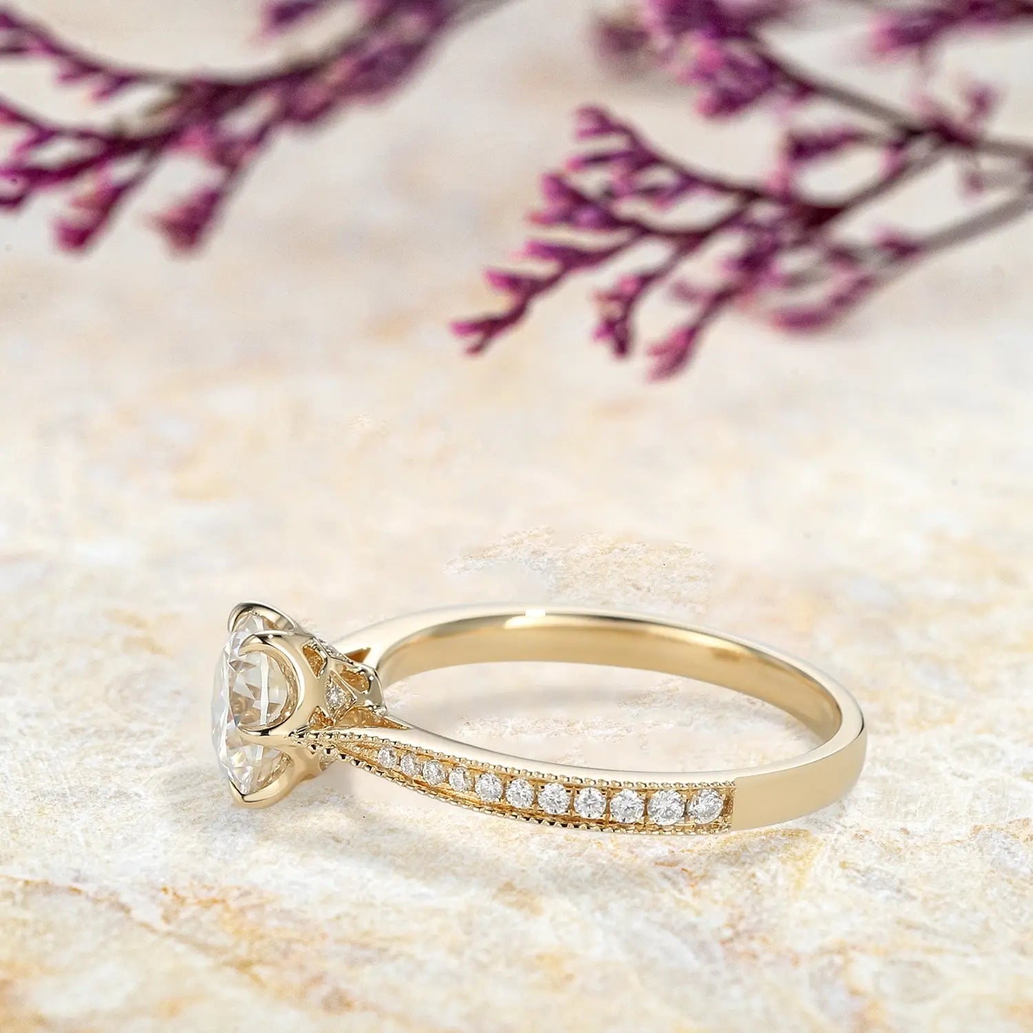Round Lab Diamond Milgrain Engagement Rings | Promise Ring custom 18k gold ring for ladies