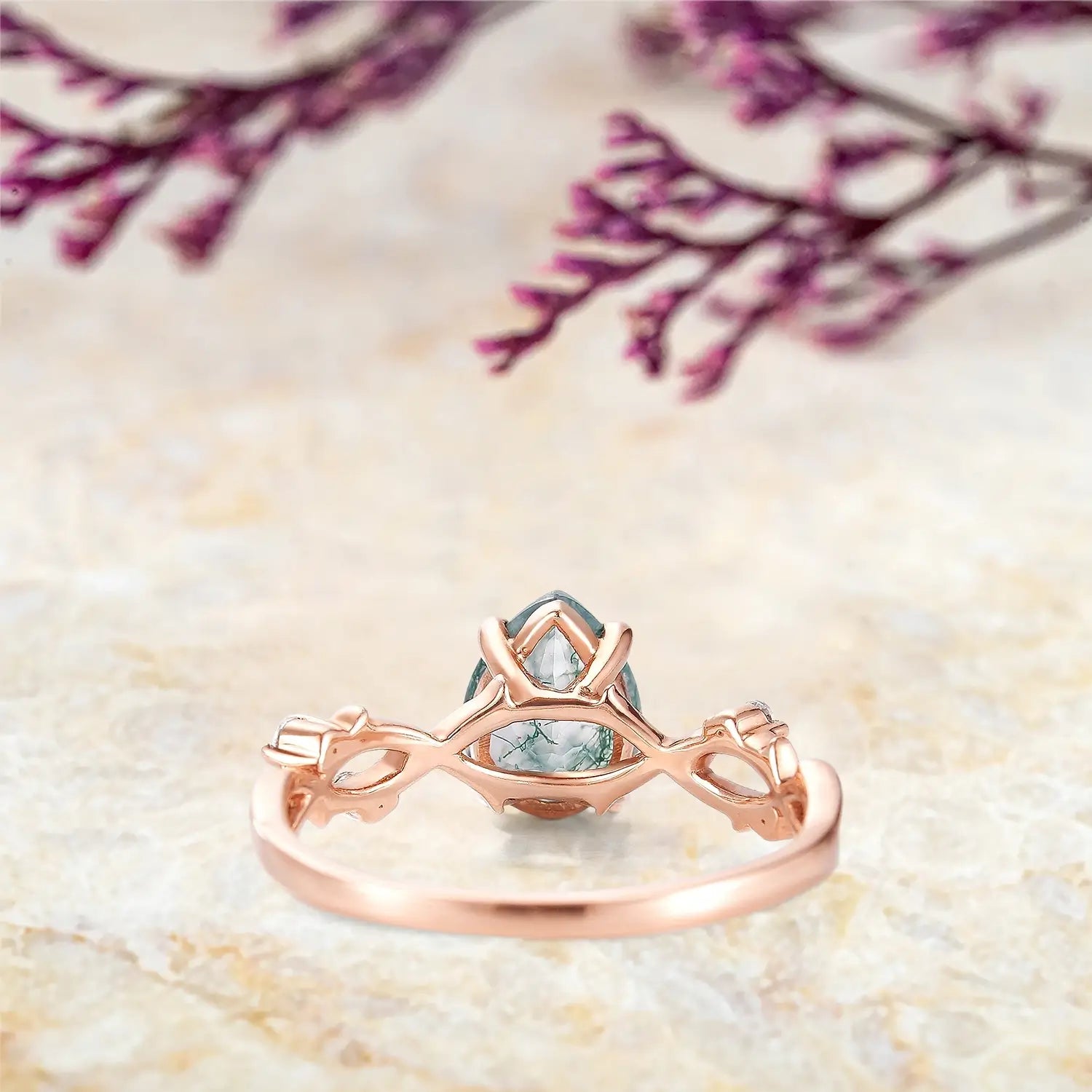 Pear Cut Moss Agate Vine Leaf Engagement Ring Custom womens promise art deco ring