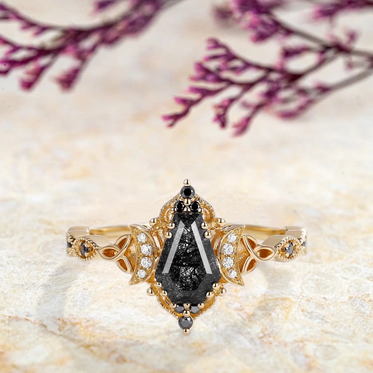 Unique Coffin Cut Black Rutilated Quartz Engagement Ring - Flora Rings custom yellow gold rings