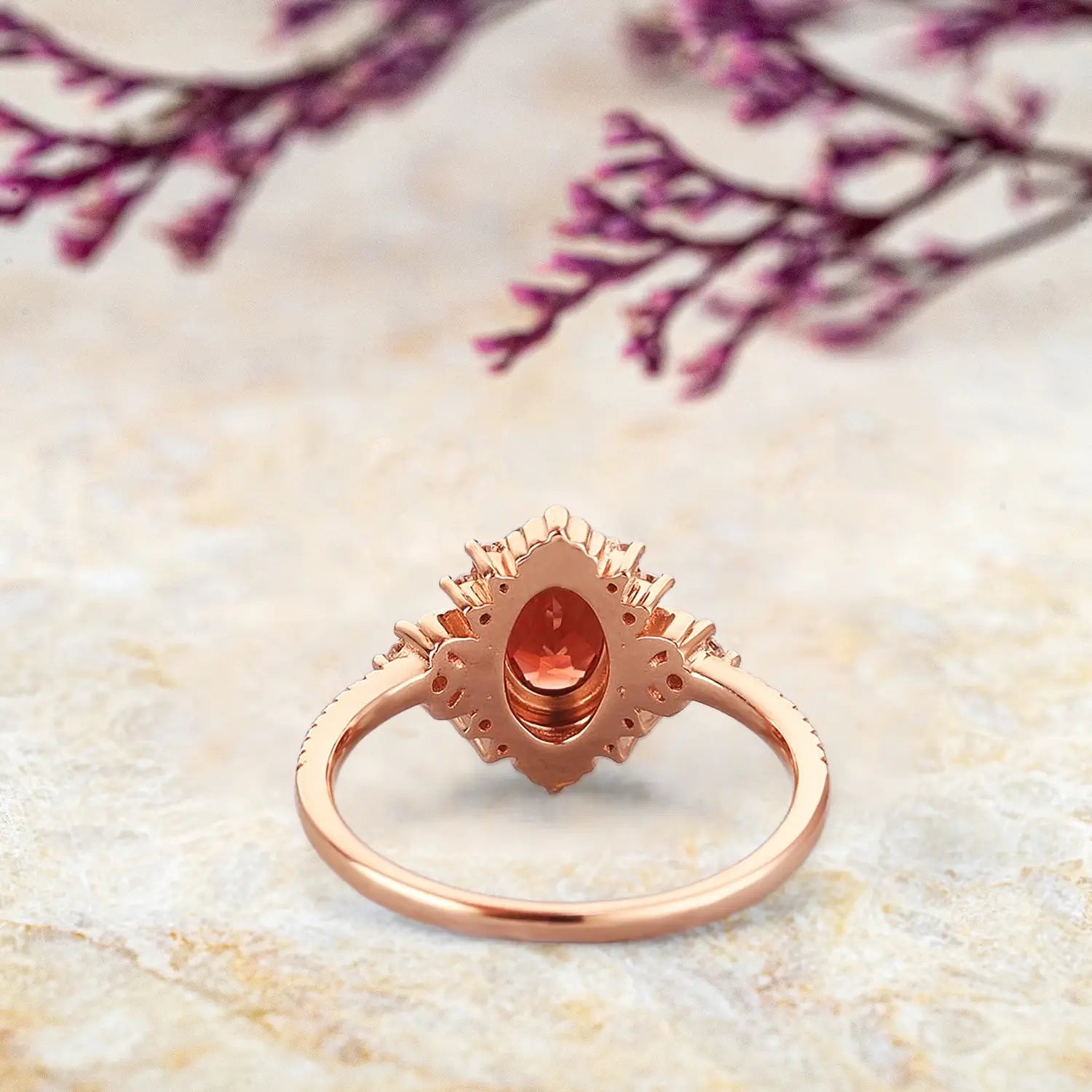 Oval garnet ring with vintage moon design and solid gold band