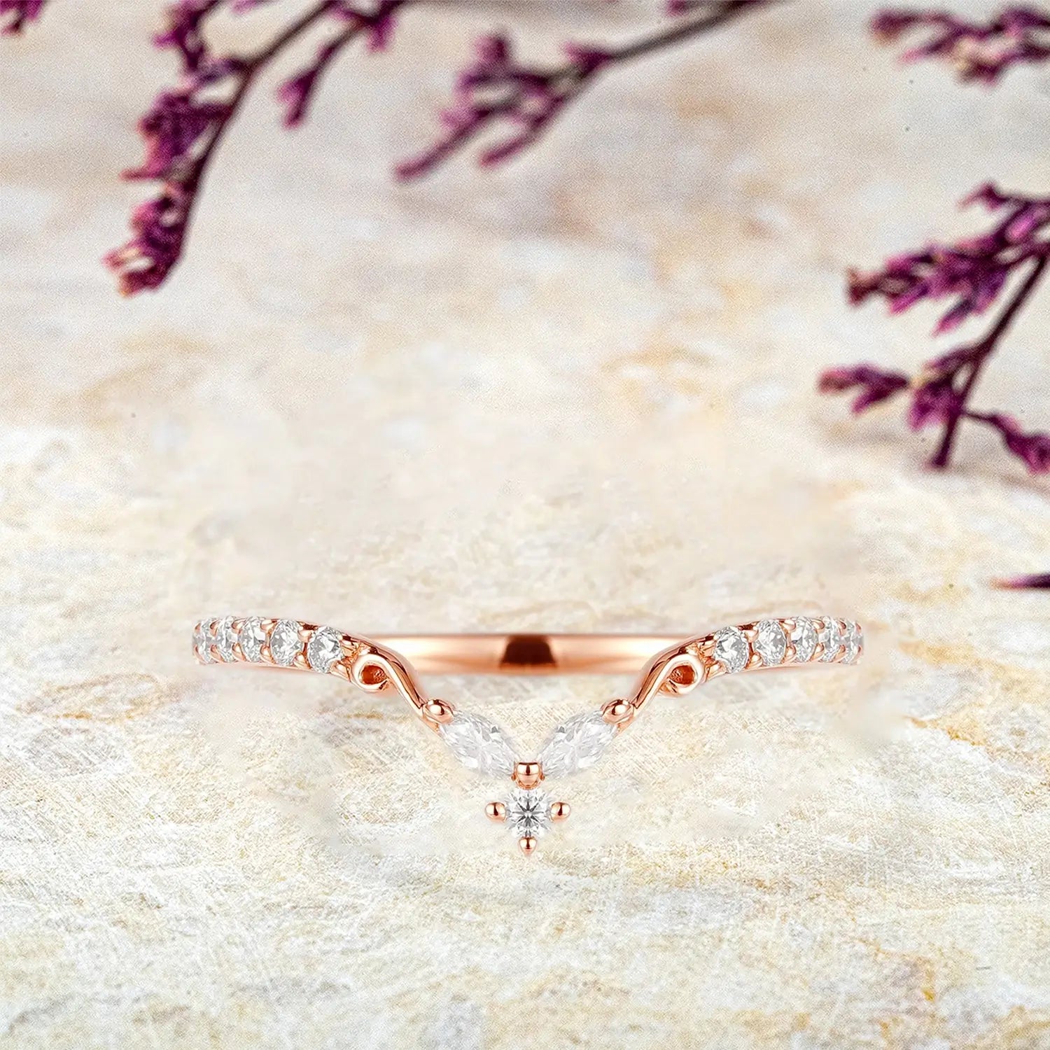 Rose Gold V-Shaped Moissanite Stackable Matching Wedding Bnad | women ring yellow gold