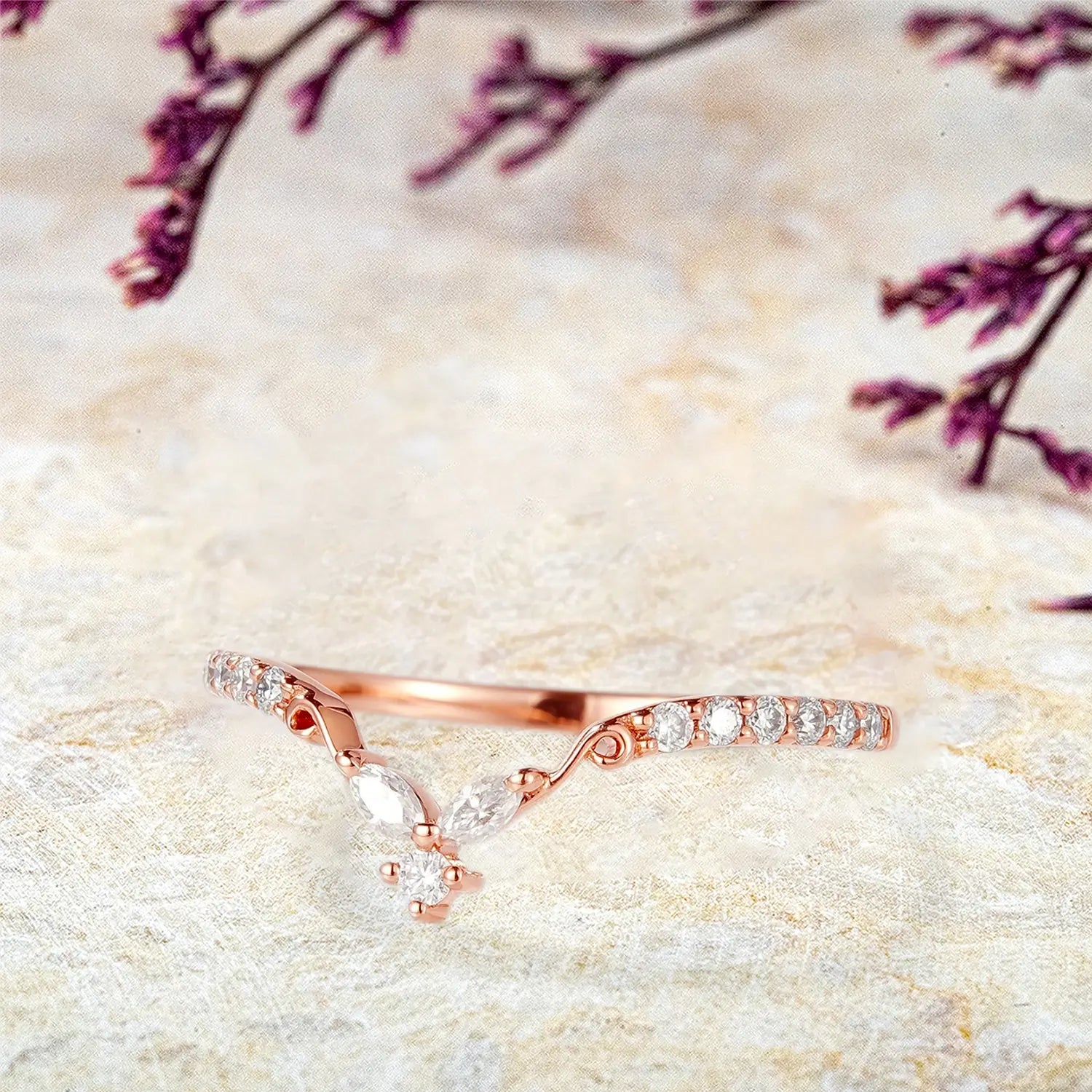 Rose Gold V-Shaped Moissanite Stackable Matching Wedding Bnad | women ring
