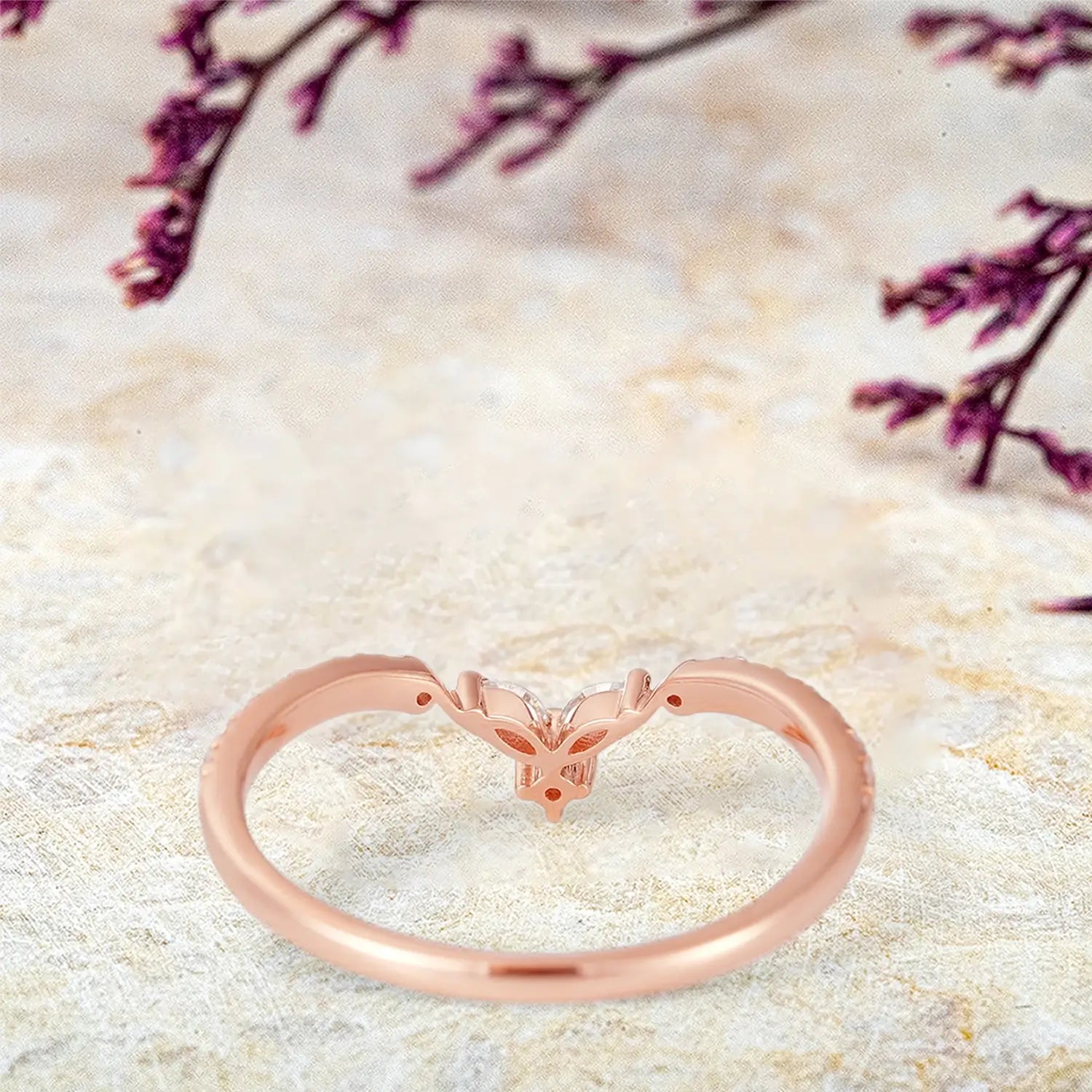 Rose Gold V-Shaped Moissanite Stackable Matching Wedding Bnad | women ring