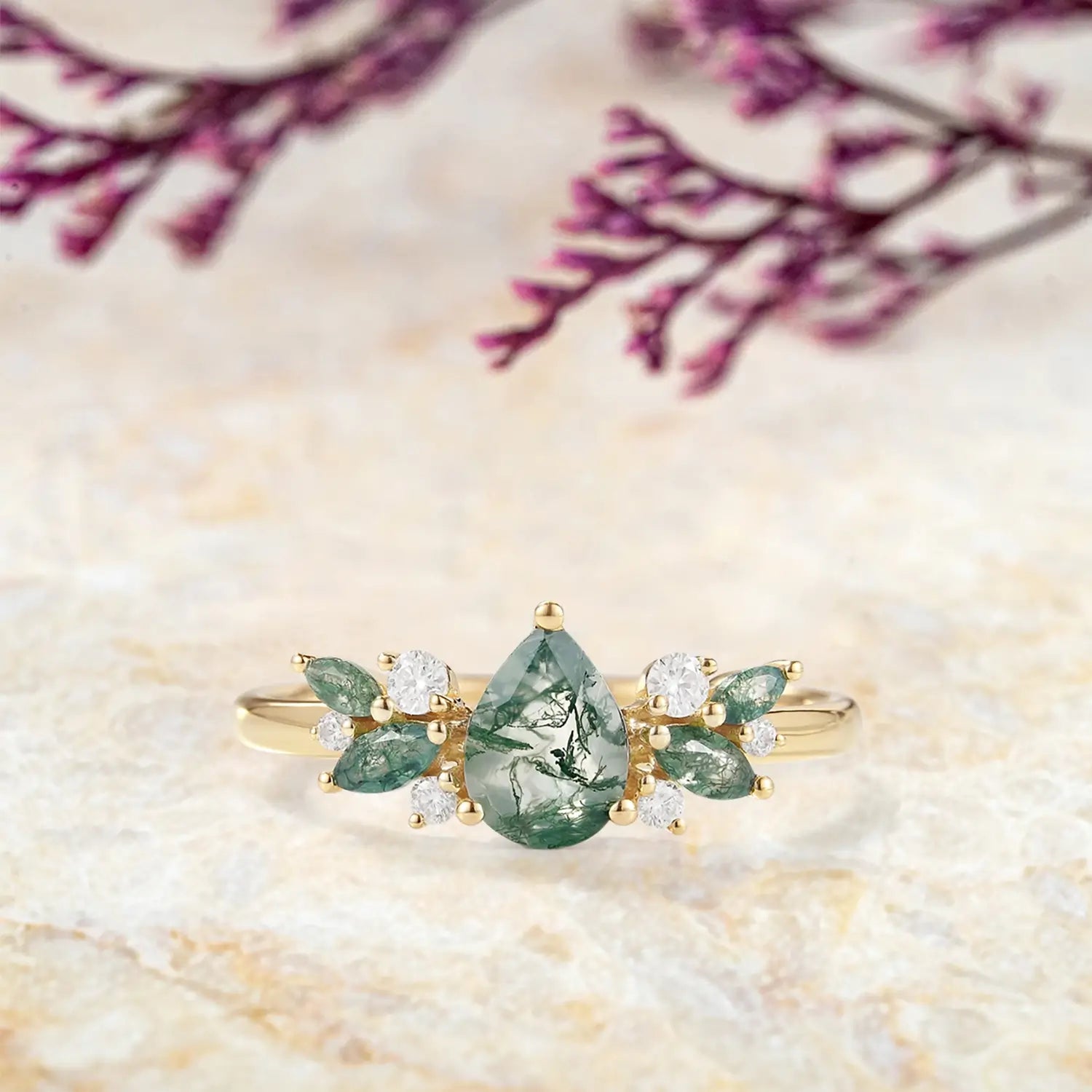 Pear Cut Moss Agate Flower Engagement Ring Cluster Rings art deco engagement ring