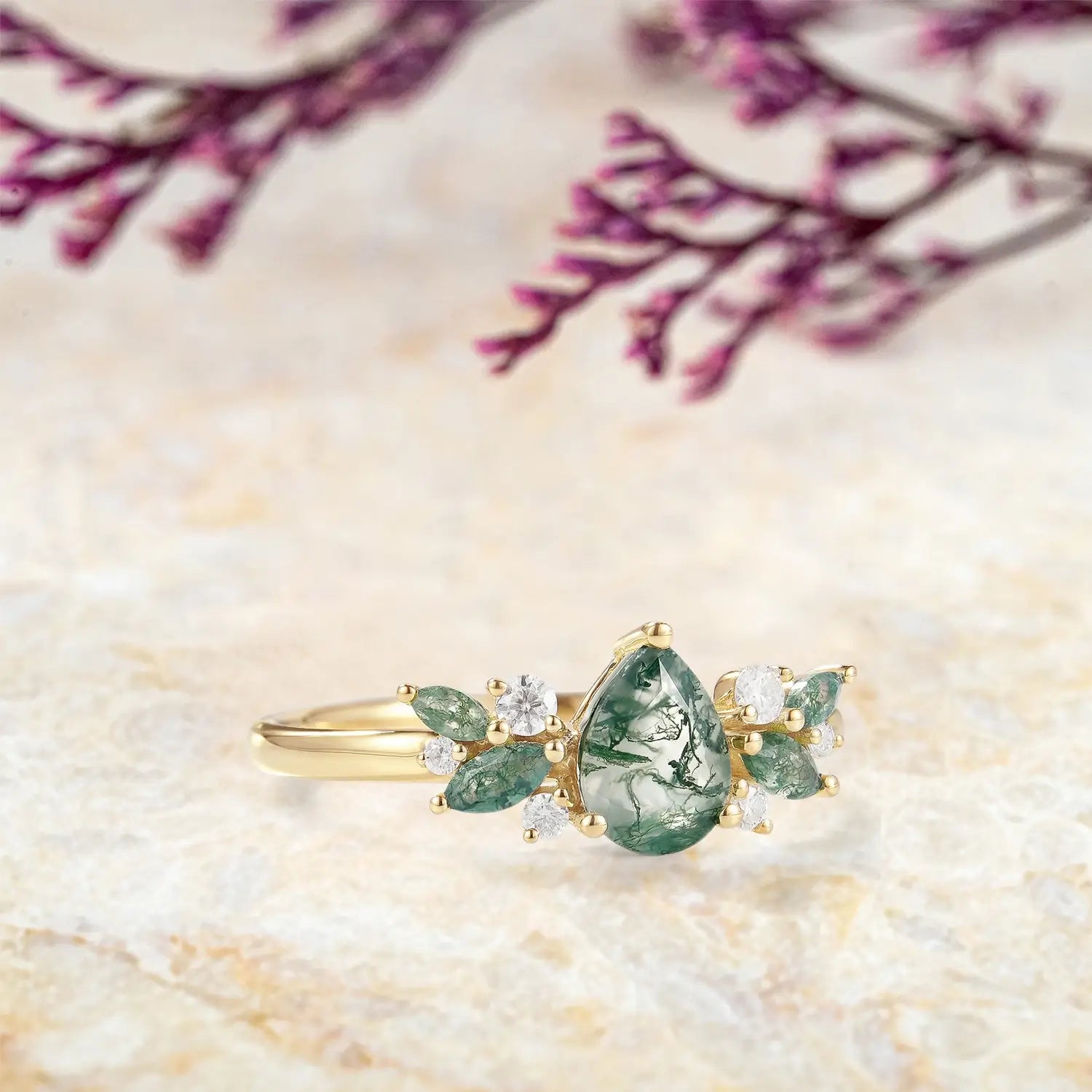 Pear Cut Moss Agate Flower Engagement Ring Cluster Rings art deco engagement ring