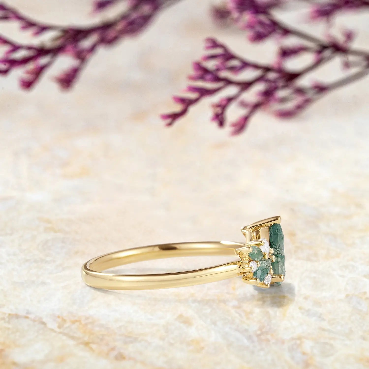 Pear Cut Moss Agate Flower Engagement Ring Cluster Rings art deco engagement ring