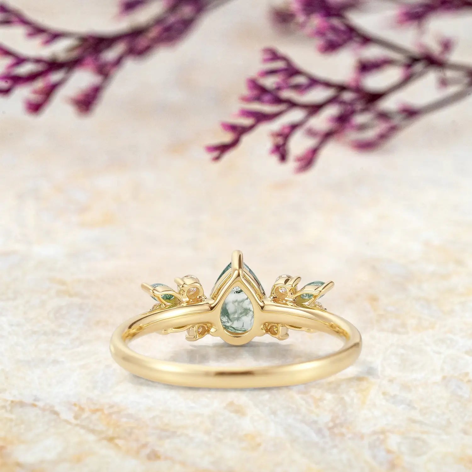 Pear Cut Moss Agate Flower Engagement Ring Cluster Rings art deco engagement ring
