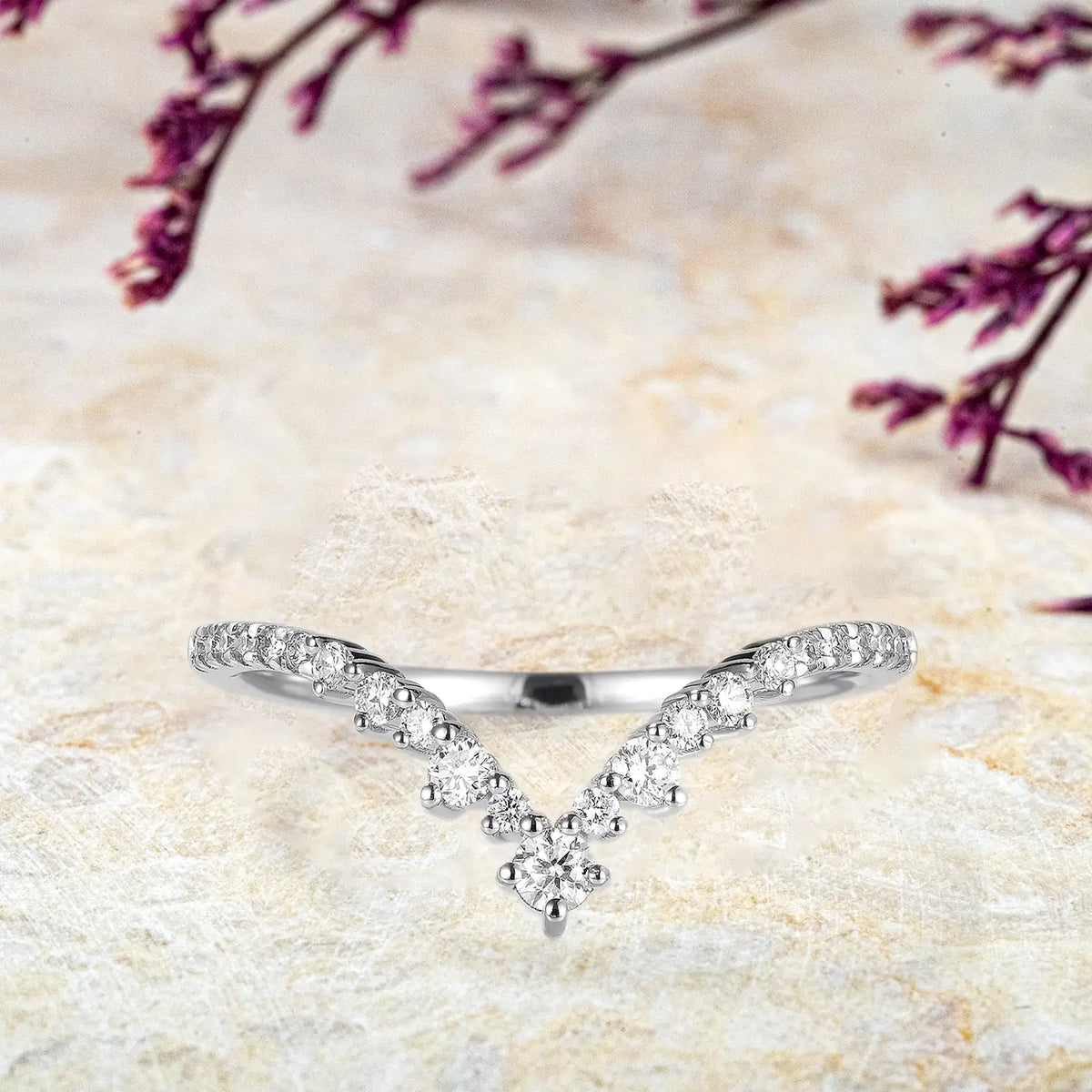 Custom 18K Rose Gold Moissanite Wedding Band - Chevron Stacking-white gold band