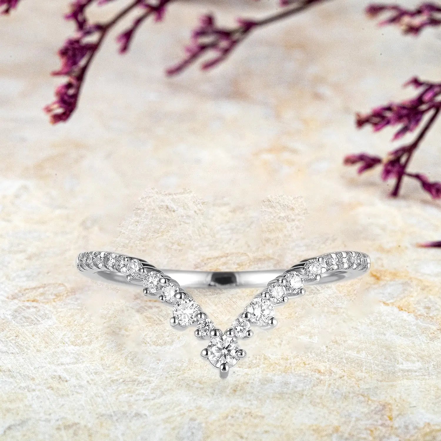 Custom 18K Rose Gold Moissanite Wedding Band - Chevron Stacking-white gold band