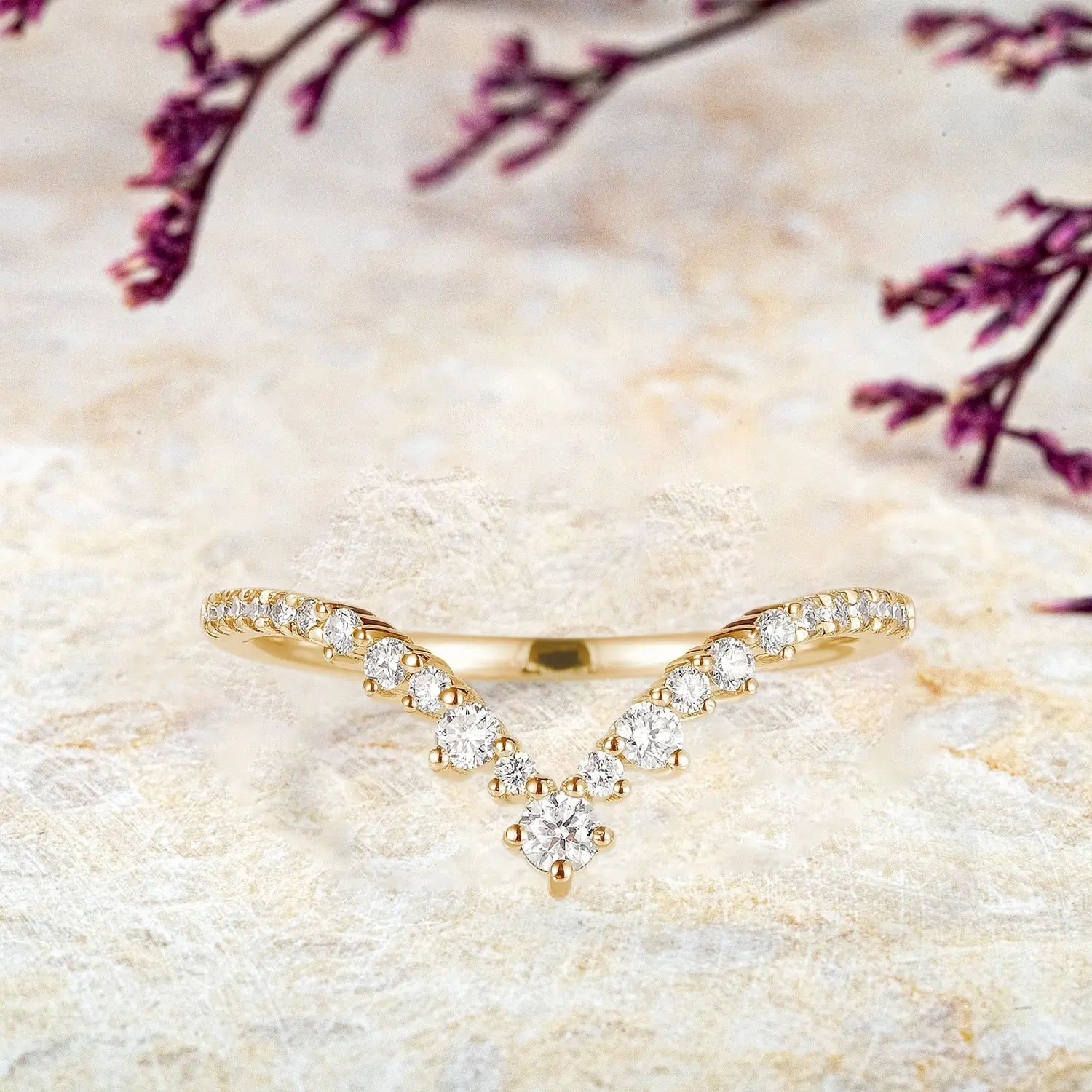 Custom 18K Rose Gold Moissanite Wedding Band - Chevron Stacking