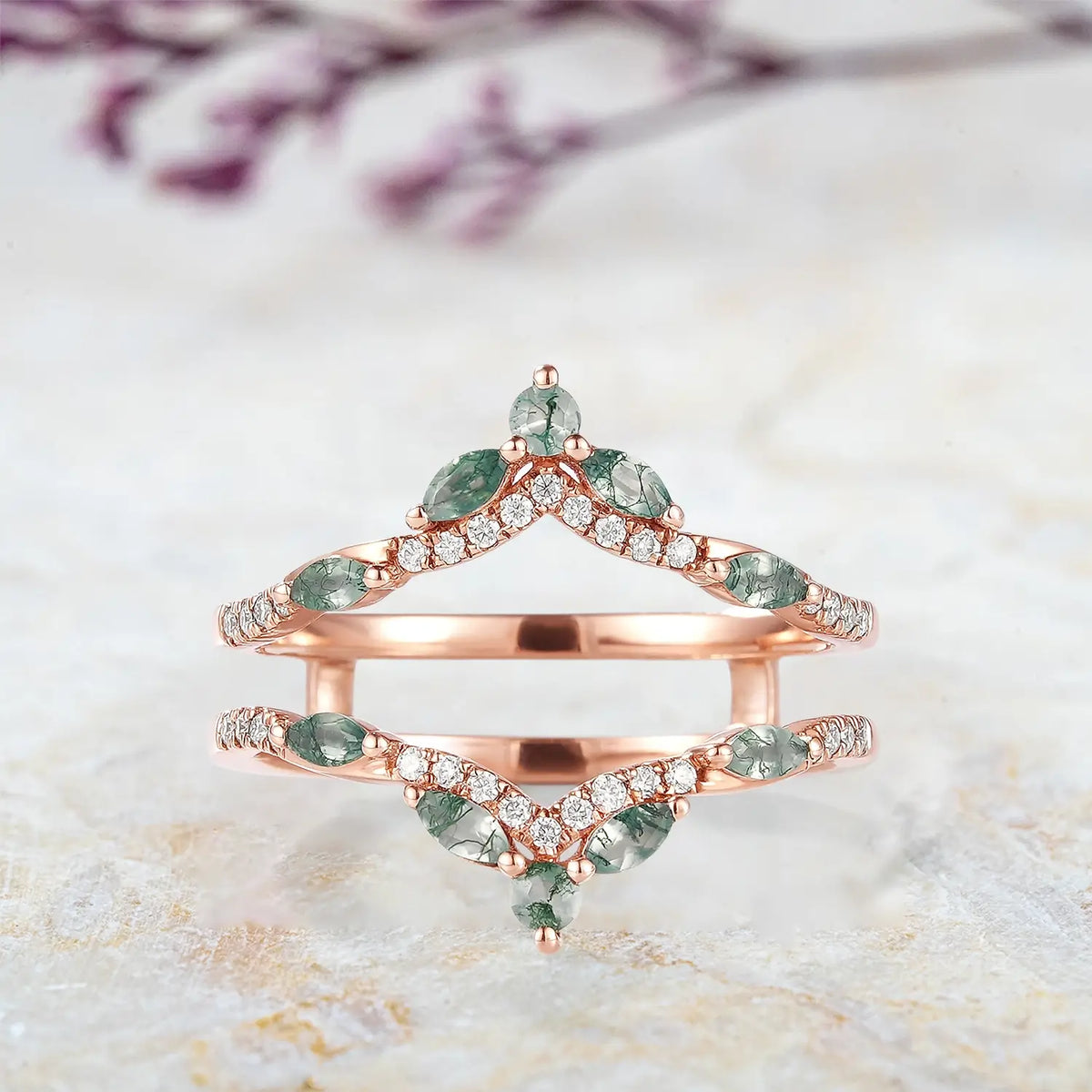 Moss Agate Moissanite Enhancer Double Matching Wedding Band