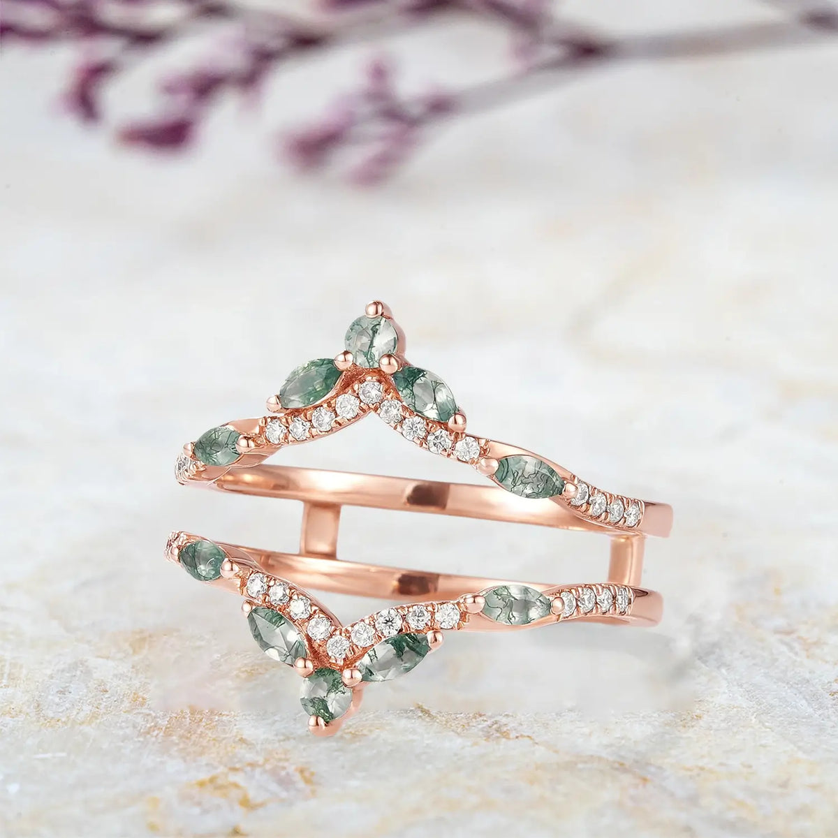 Moss Agate Moissanite Enhancer Double Matching Wedding Band