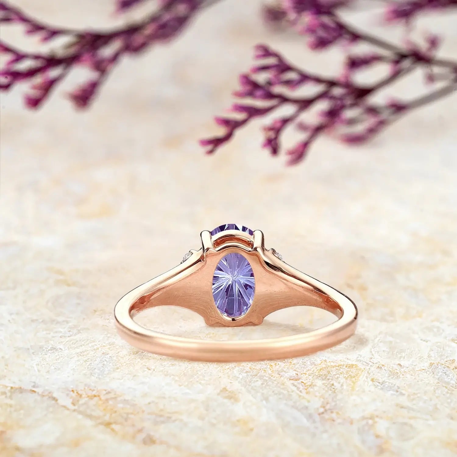 Alexandrite moon ring band rear engraving and smooth gold finish