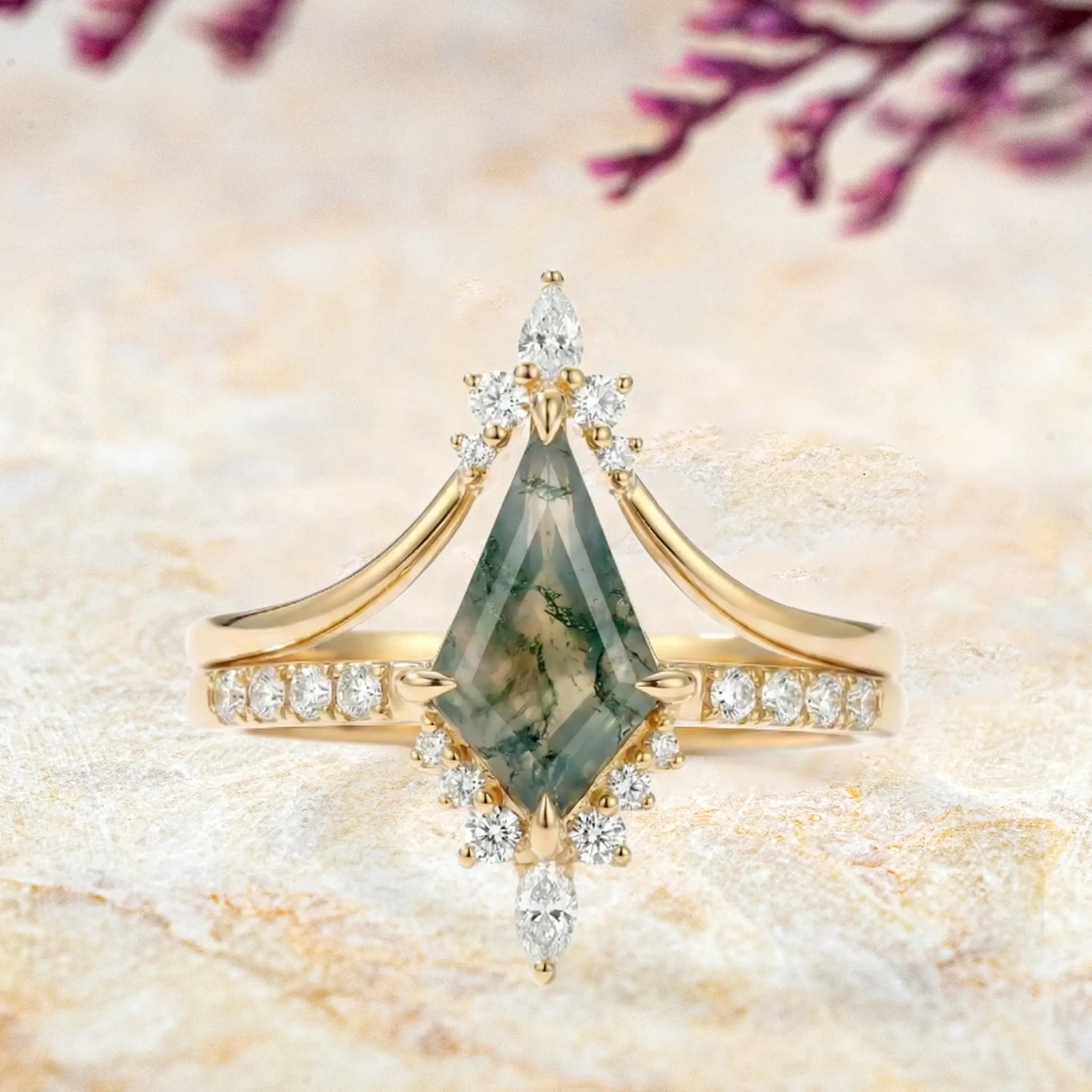 Minimalist kite cut moss agate bridal ring set with moissanite, handcrafted promise ring jewelry for women