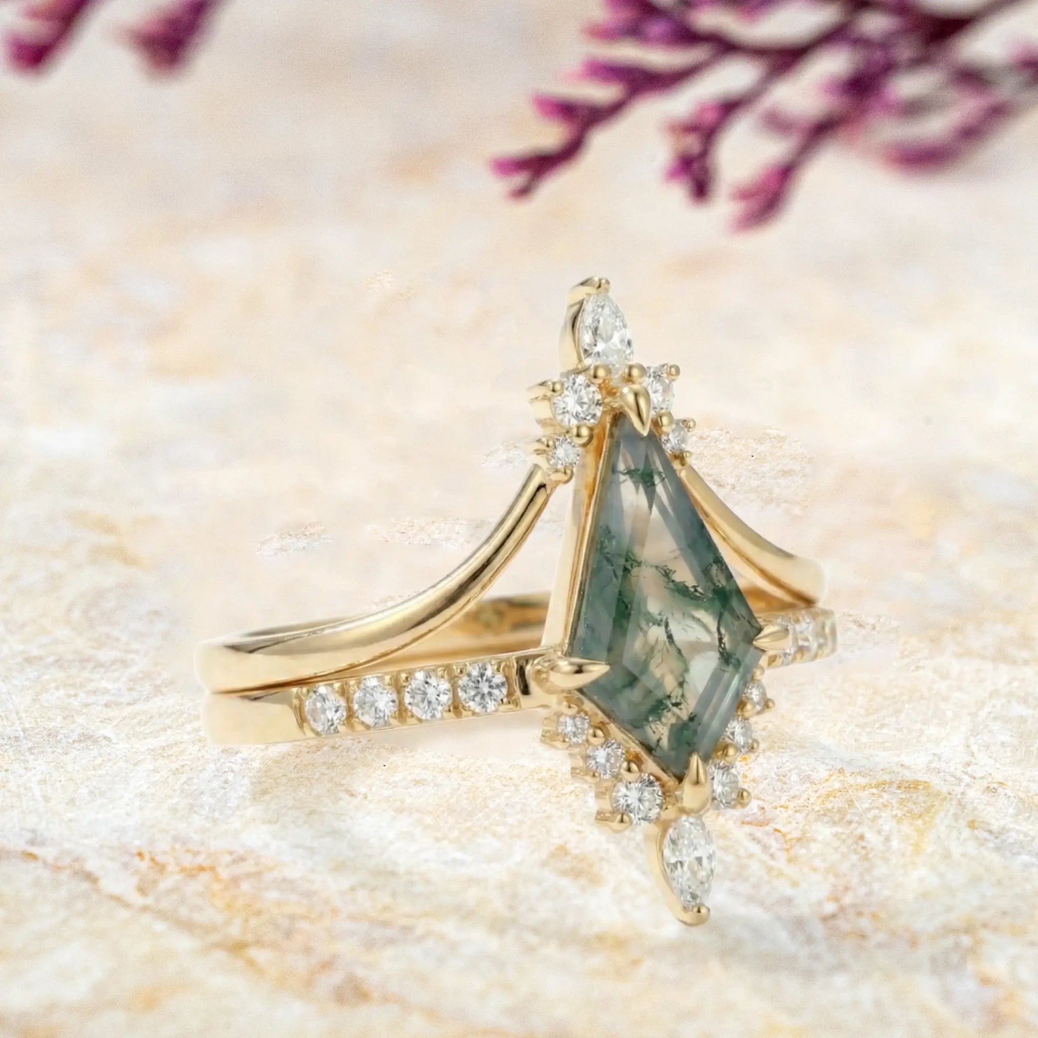 Sylvara Grace™ Kite Cut Moss Agate Bridal Ring Sets by Orleone