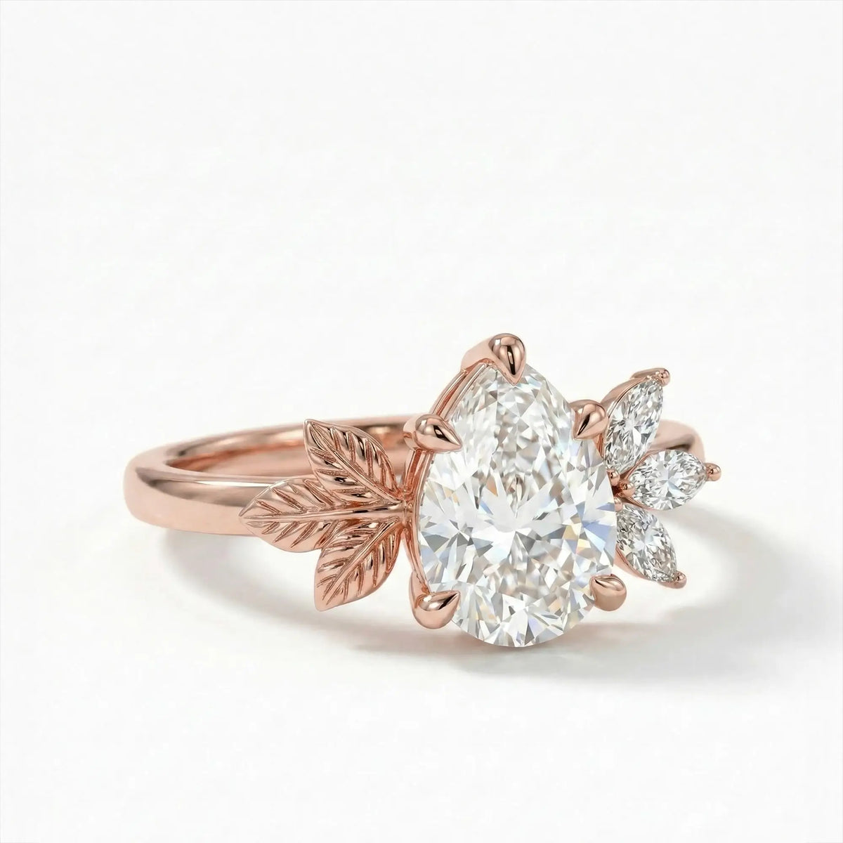 Pear Cut Moissanite Leaf Engagement Ring Nature Inspired Cluster Floral Rings - Sylvéra