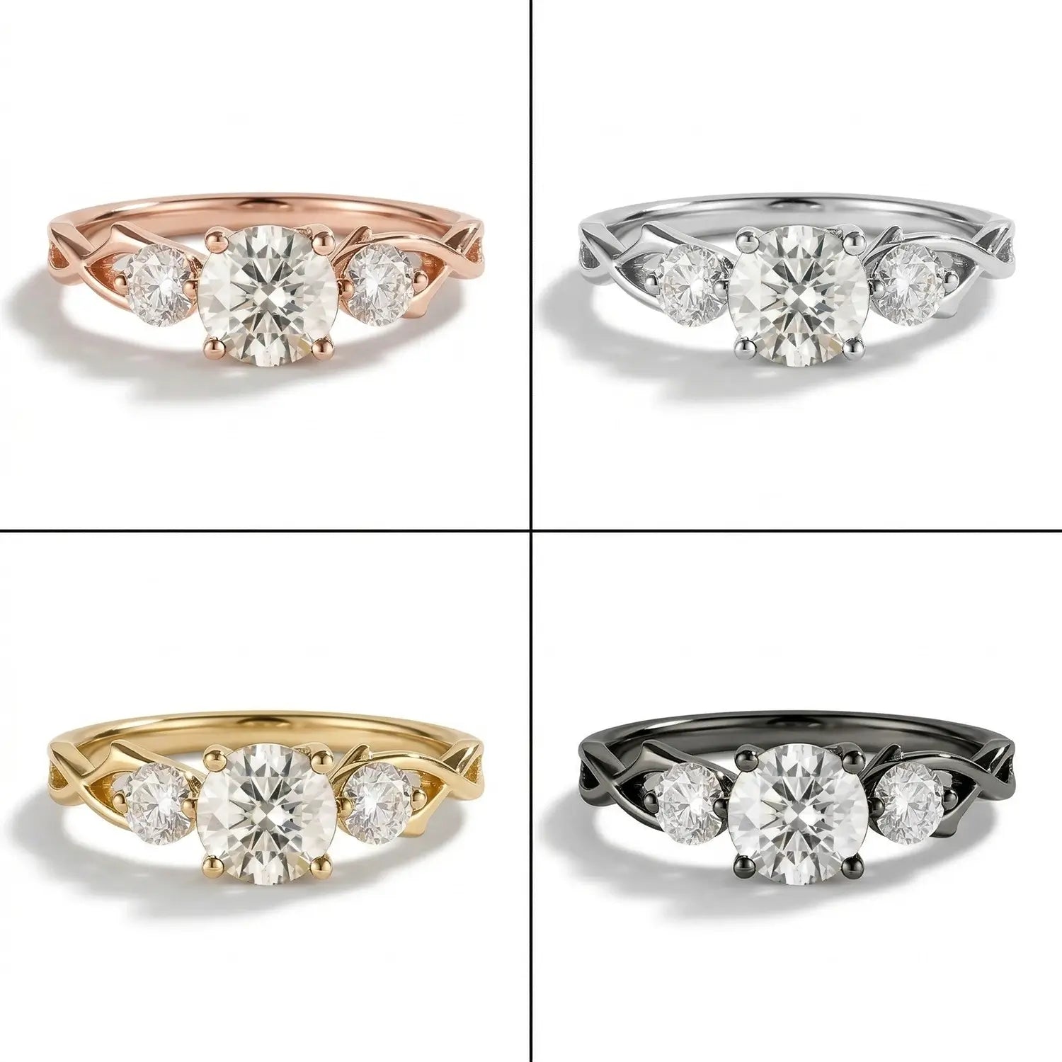 Unique Round Moissanite Three-Stone Engagement Rings – Artistic Gold Ring
4 color material