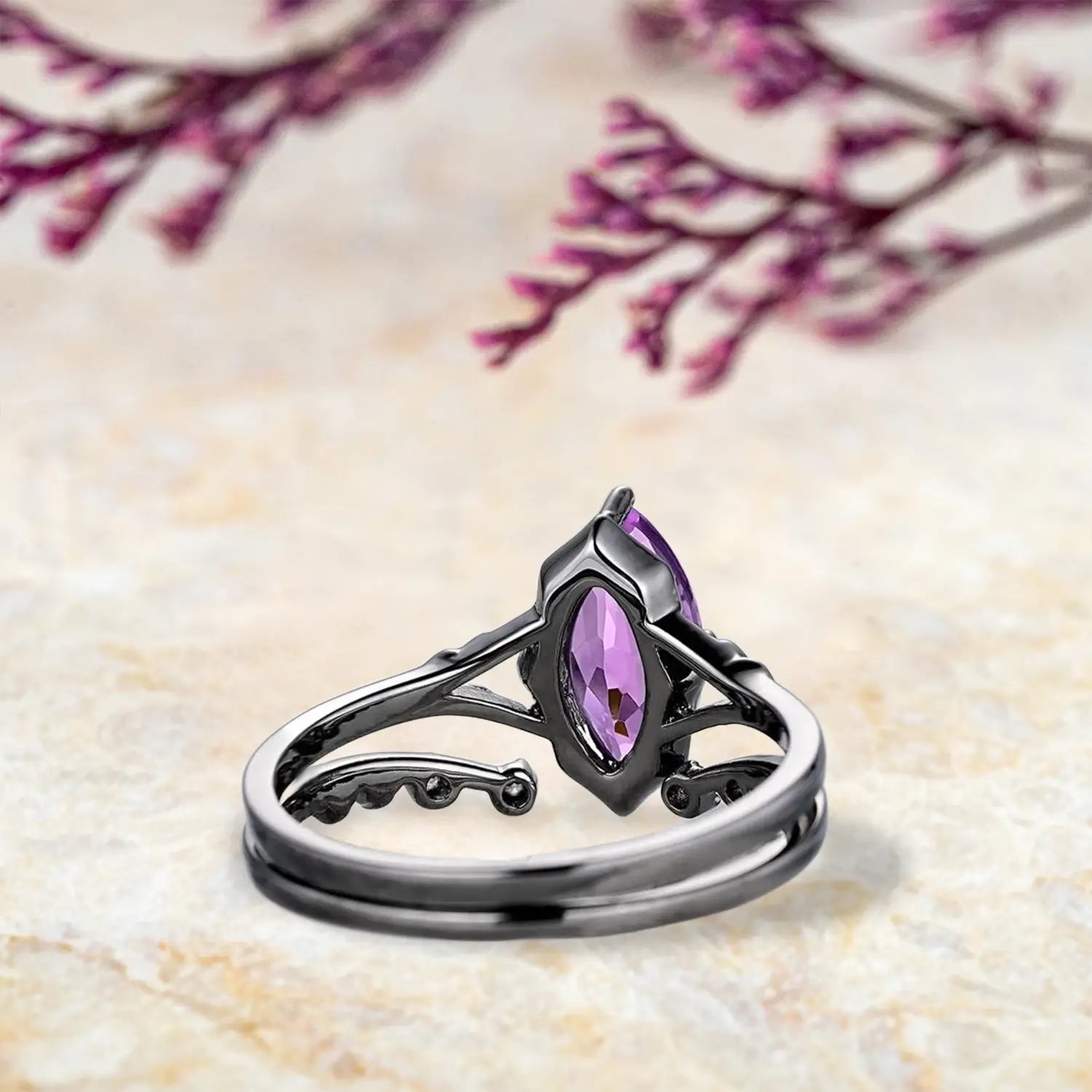Back view of unique amethyst engagement ring set showing vintage milgrain split shank and curved wedding band craftsmanship