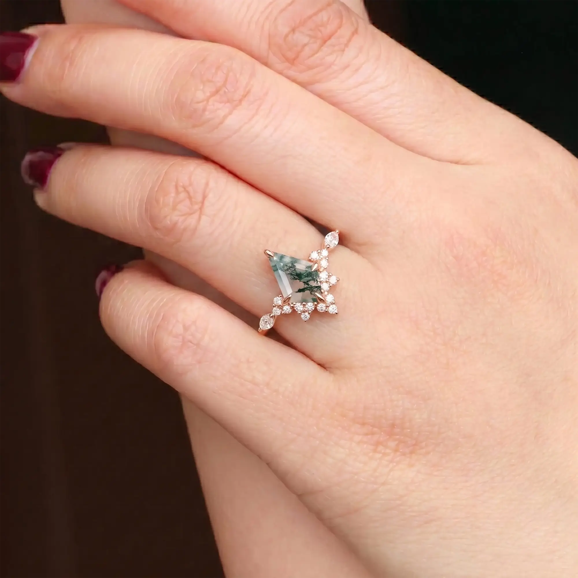 Unique Kite Cut Moss Agate Engagement Ring – Cluster Rings 18K promise rings for women jewelry