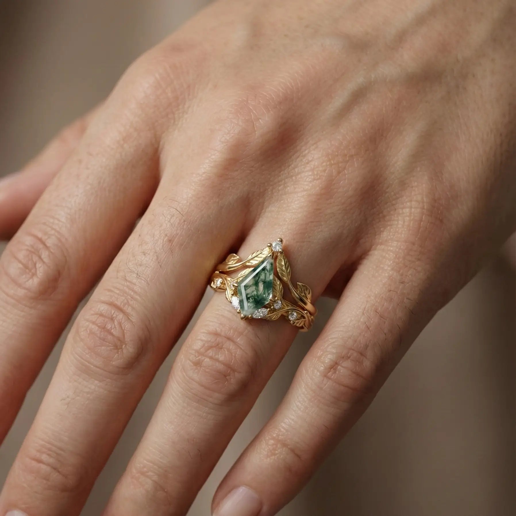 Verdantia Promise™ Kite Cut Moss Agate Leaf Promise Ring Set for women jewelry