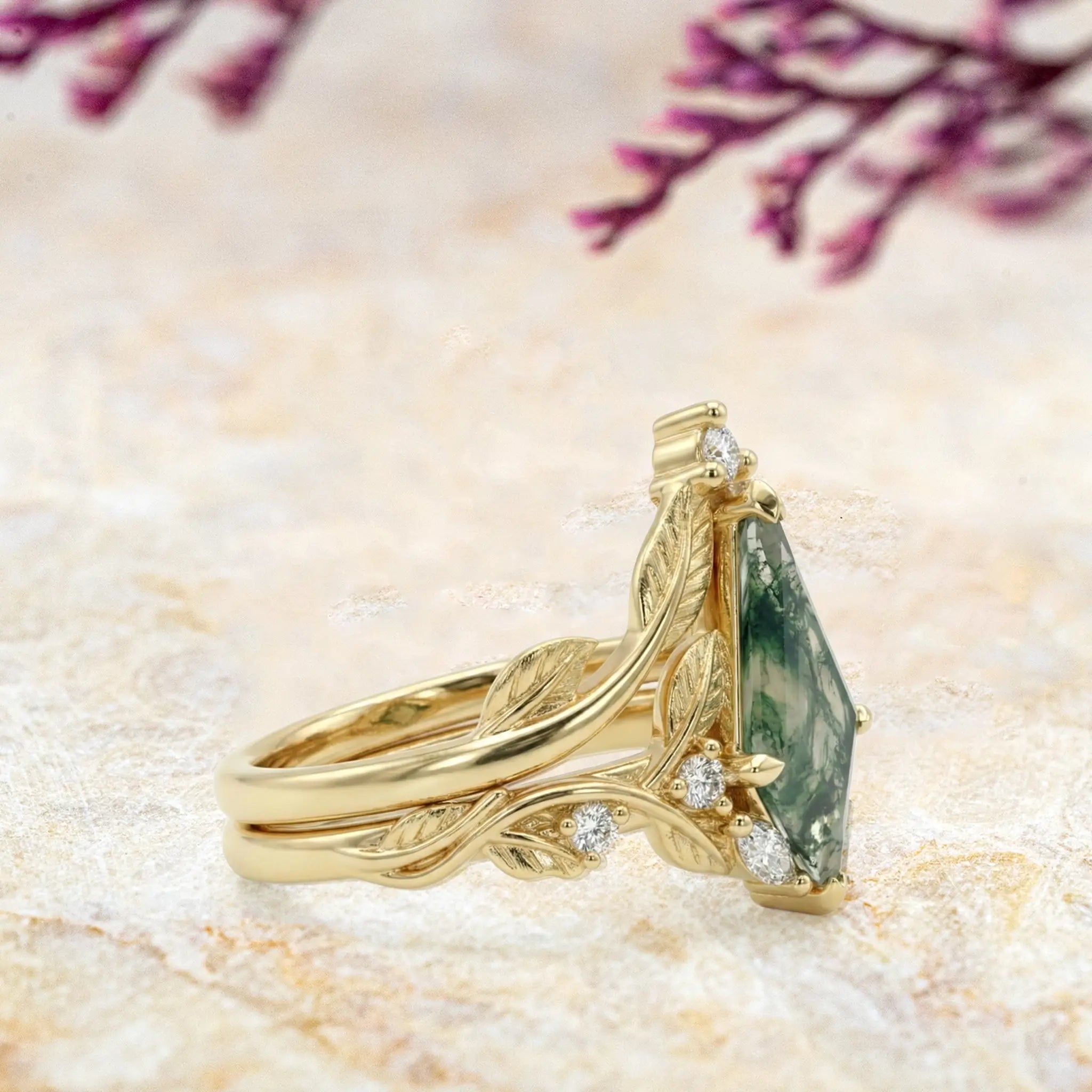 Pear Shaped Moss Agate Leaf Engagement Ring Set with Vine Band & Pearl Wedding Ring
