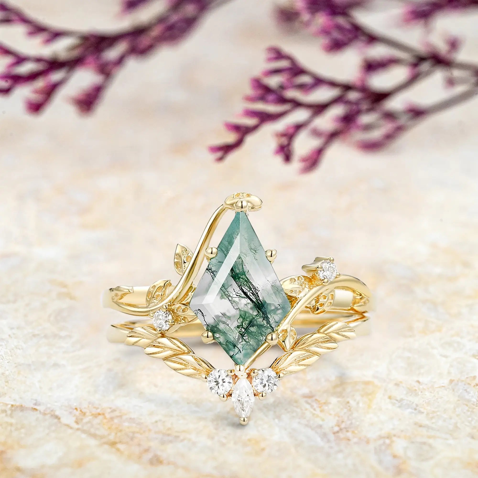 Kite-shaped moss agate engagement ring set in gold with leaf design | orleone jewelry