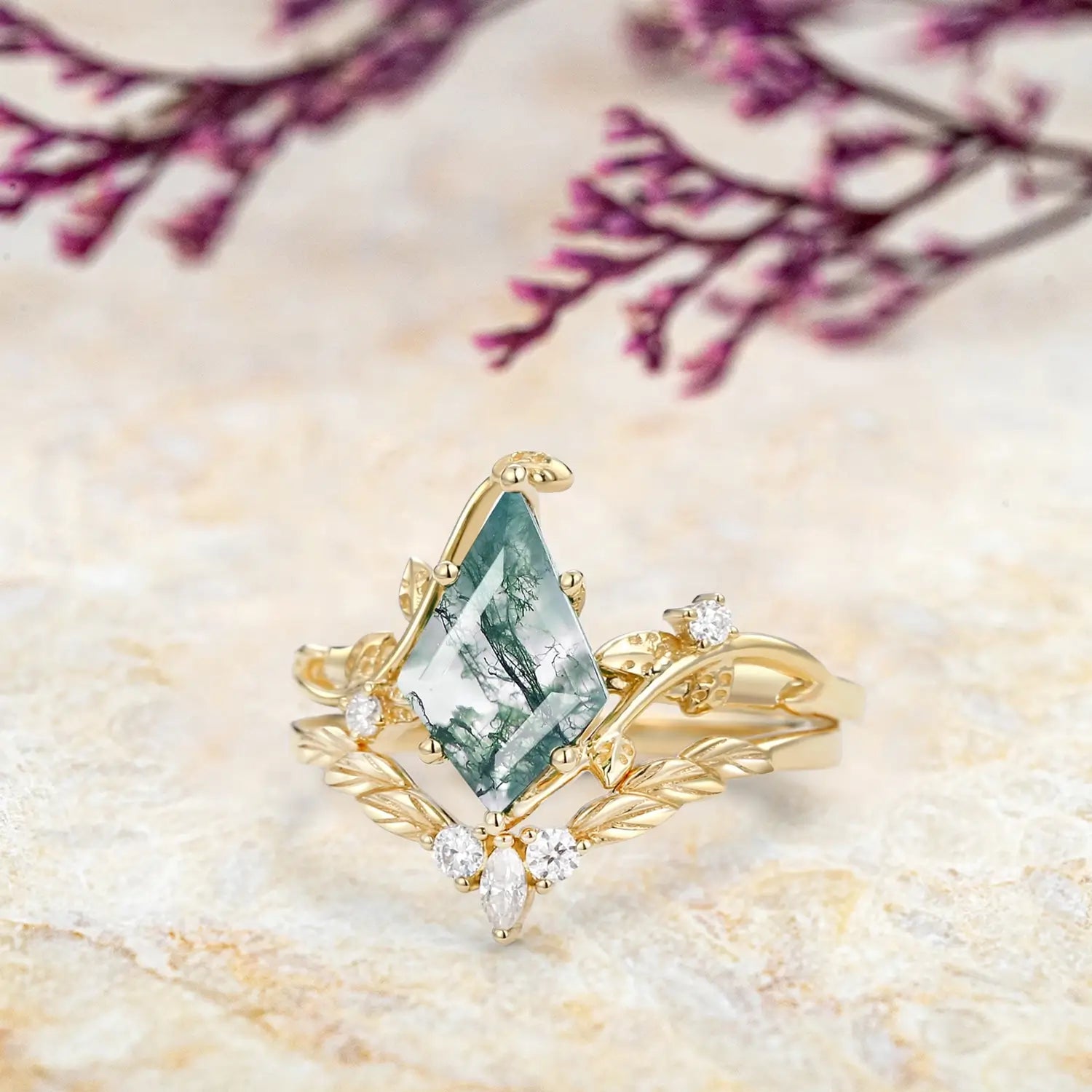 Nature-inspired gold moss agate ring with moissanite accents