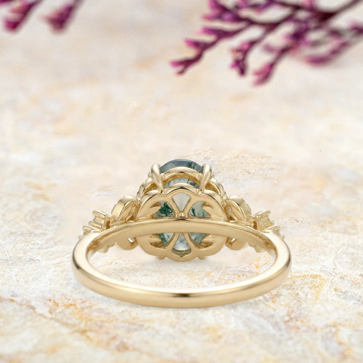 Moss agate anniversary ring vine leaf gold ring for women
