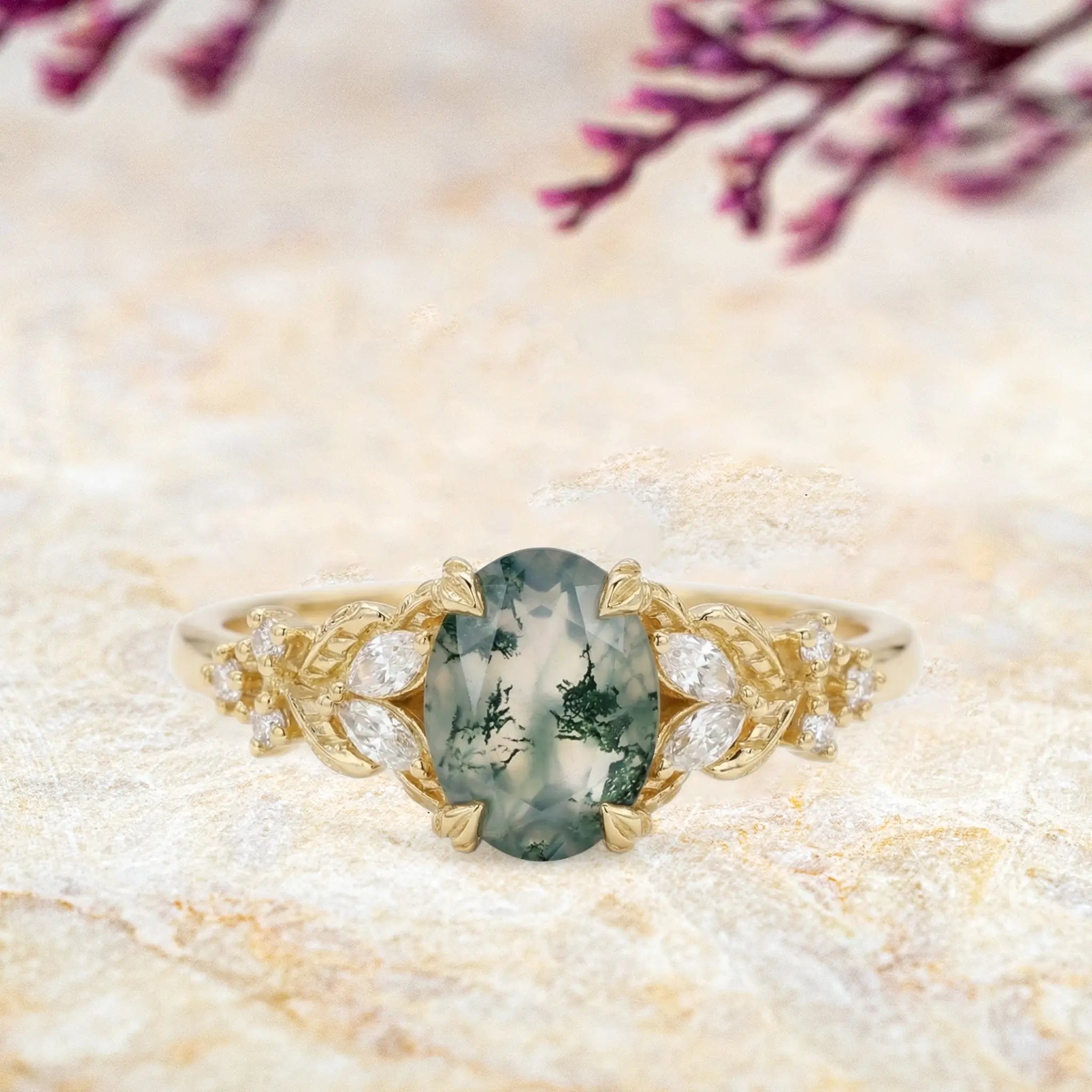 Oval cut moss agate vine leaf engagement ring with moissanite accents