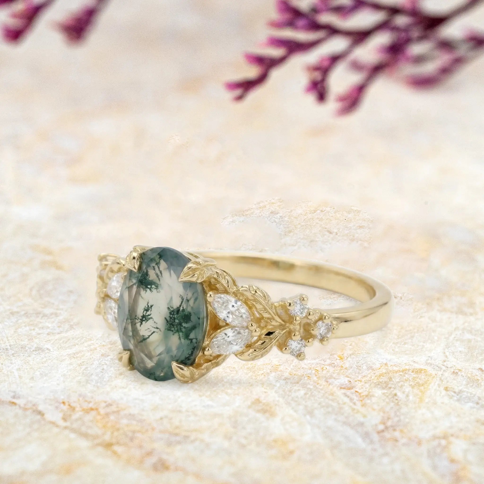 Nature inspired moss agate engagement ring oval cut gold leafy design