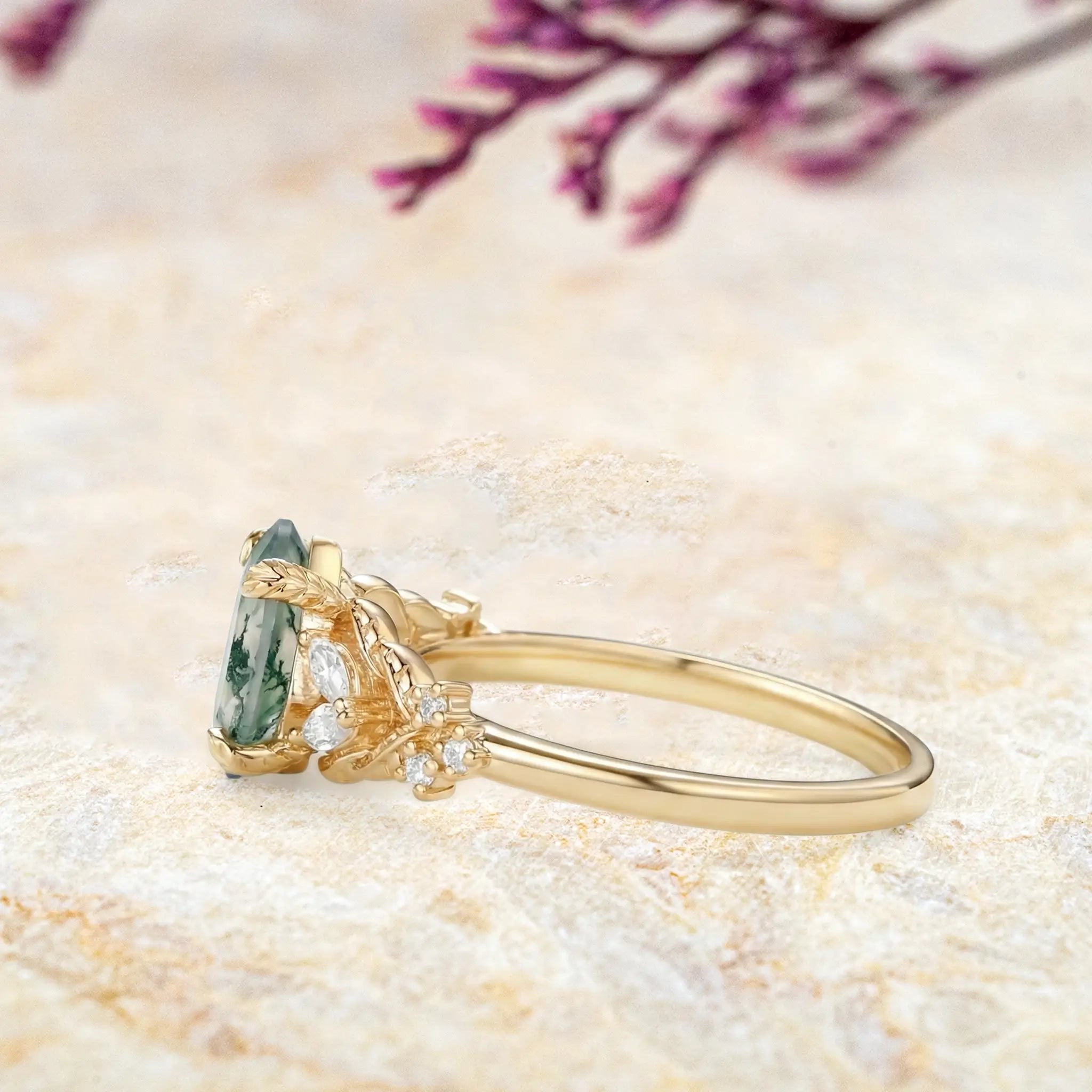 Unique oval moss agate cluster ring with marquise moissanite leaves