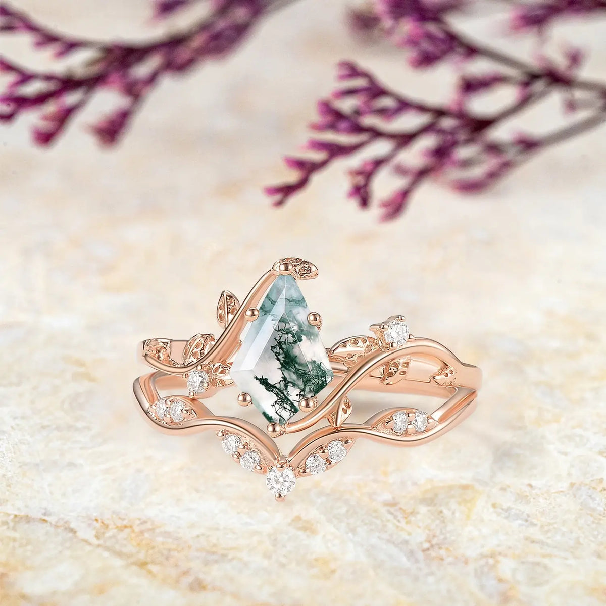 Green Vine Kite Moss Agate Leaf Engagement Ring Set | Orleone