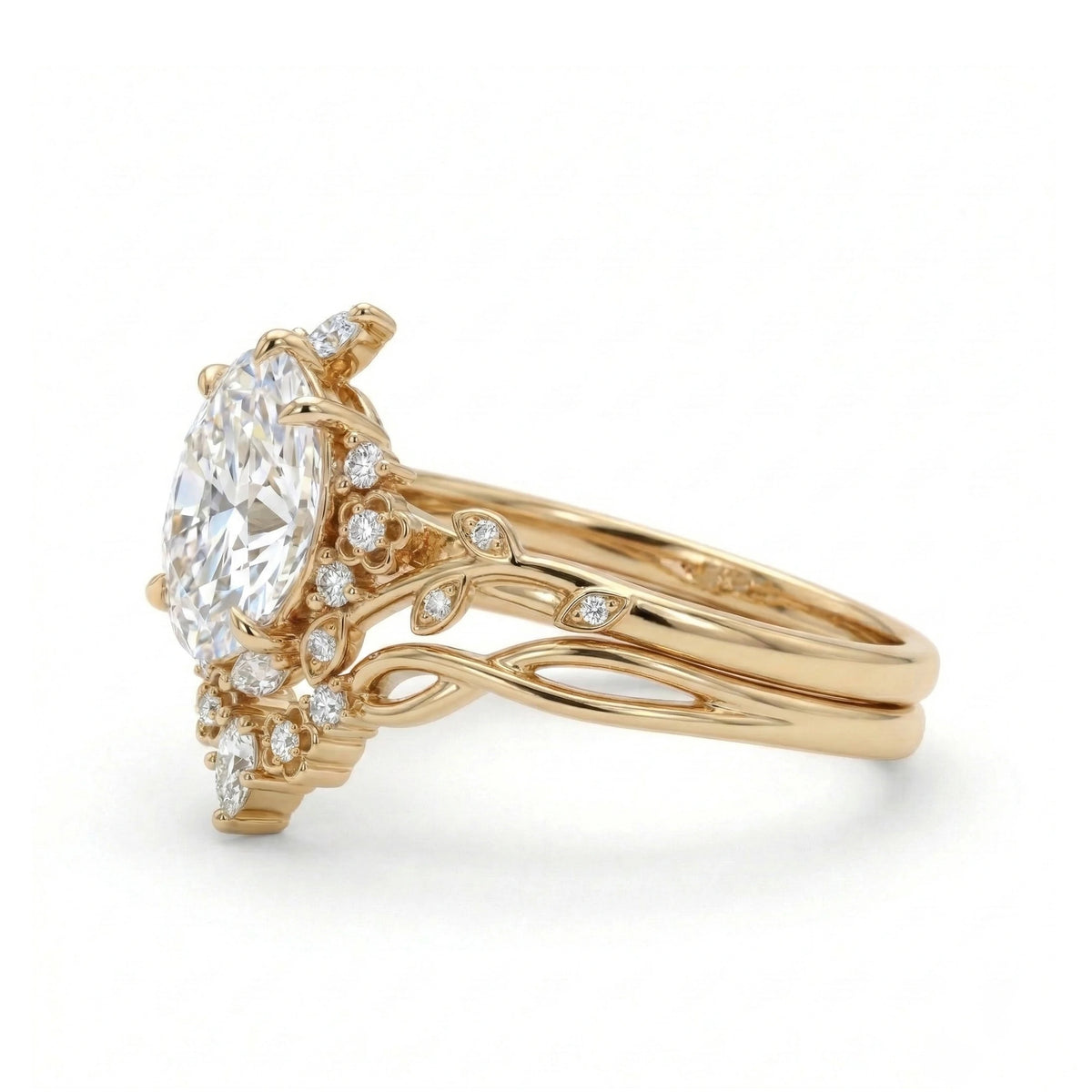 art unique floral oval moissanite engagement ring set
