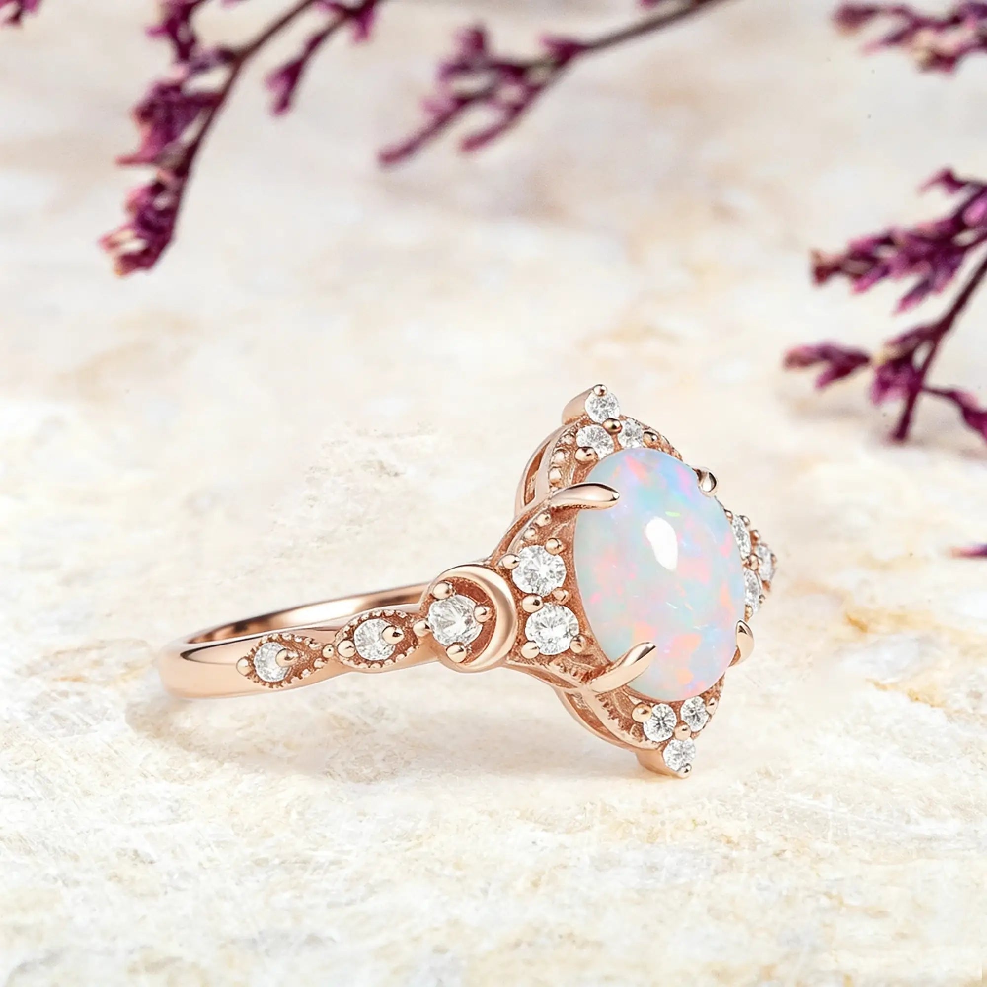 Unique Oval Opal Moon Engagement Ring October Birthstone Rings