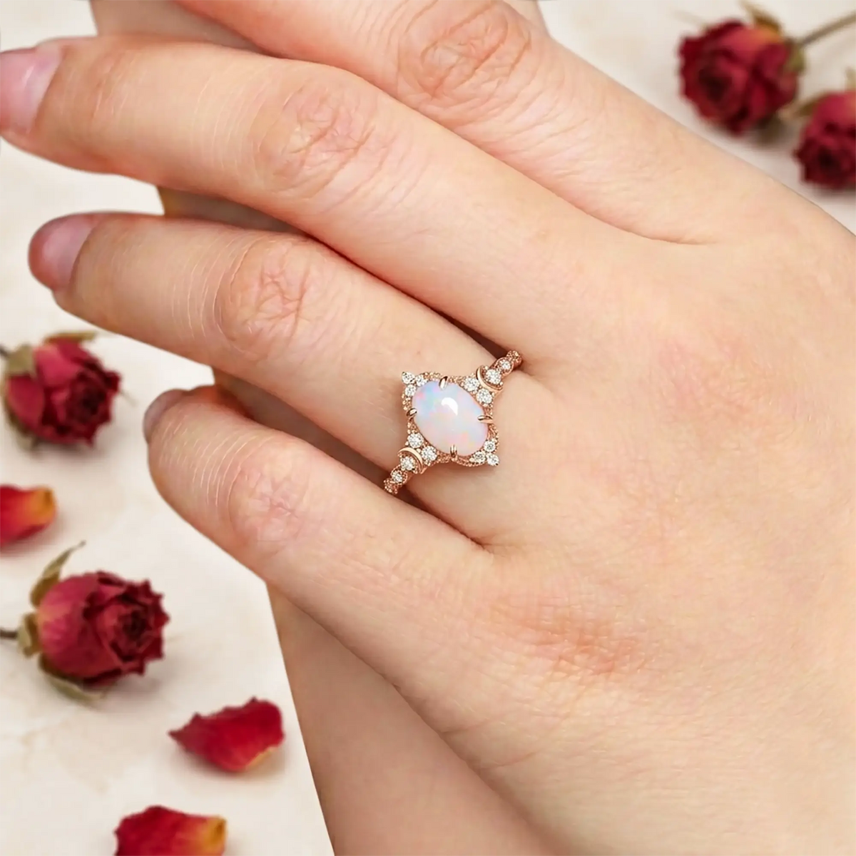 Unique Oval Opal Moon Engagement Ring October Birthstone Rings for women