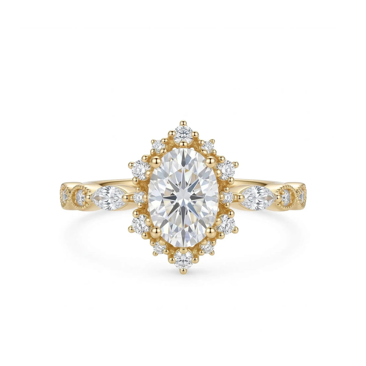 vintage oval moissanite halo engagement ring crown inspired oval moissanite promise ring with marquise side stones