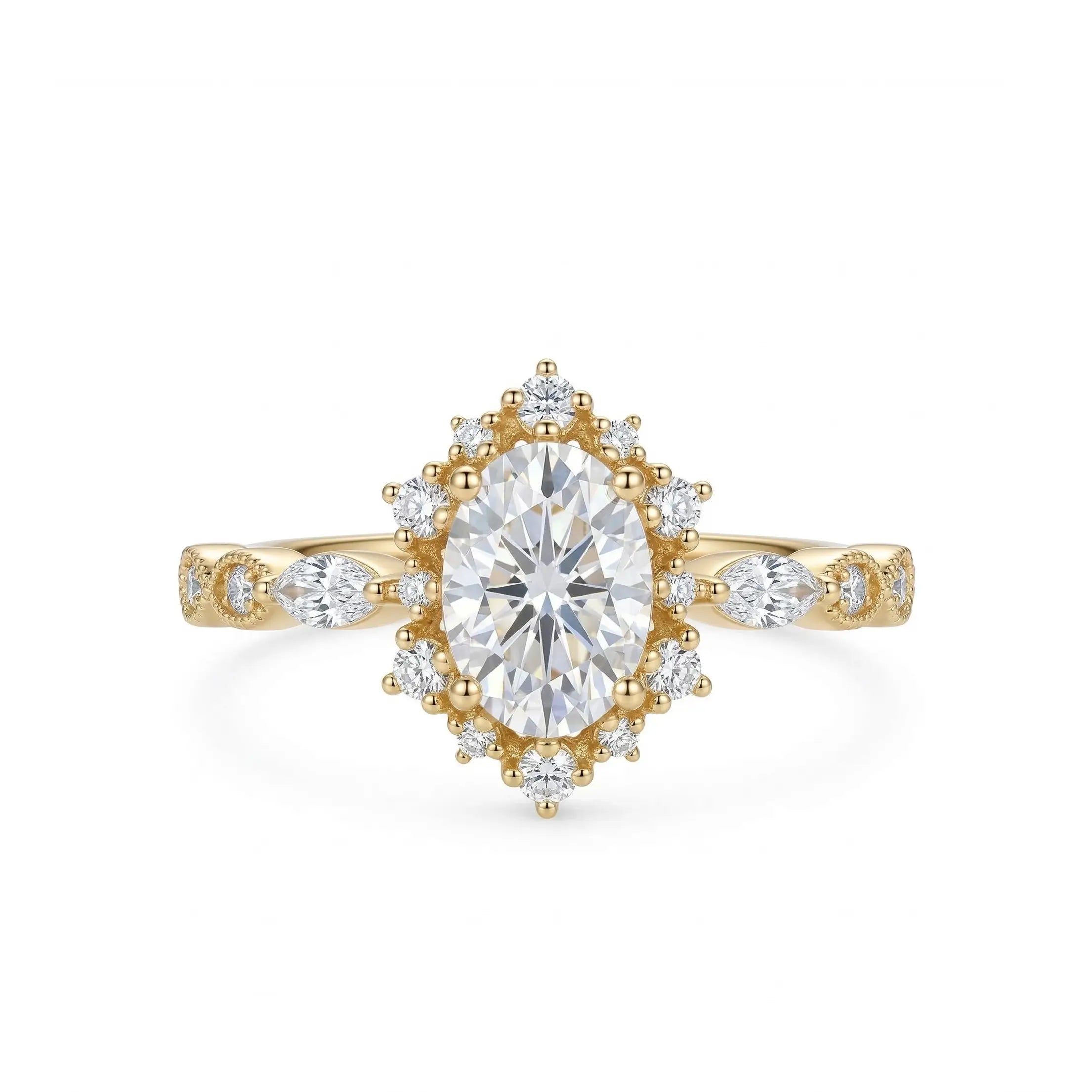 vintage oval moissanite halo engagement ring crown inspired oval moissanite promise ring with marquise side stones