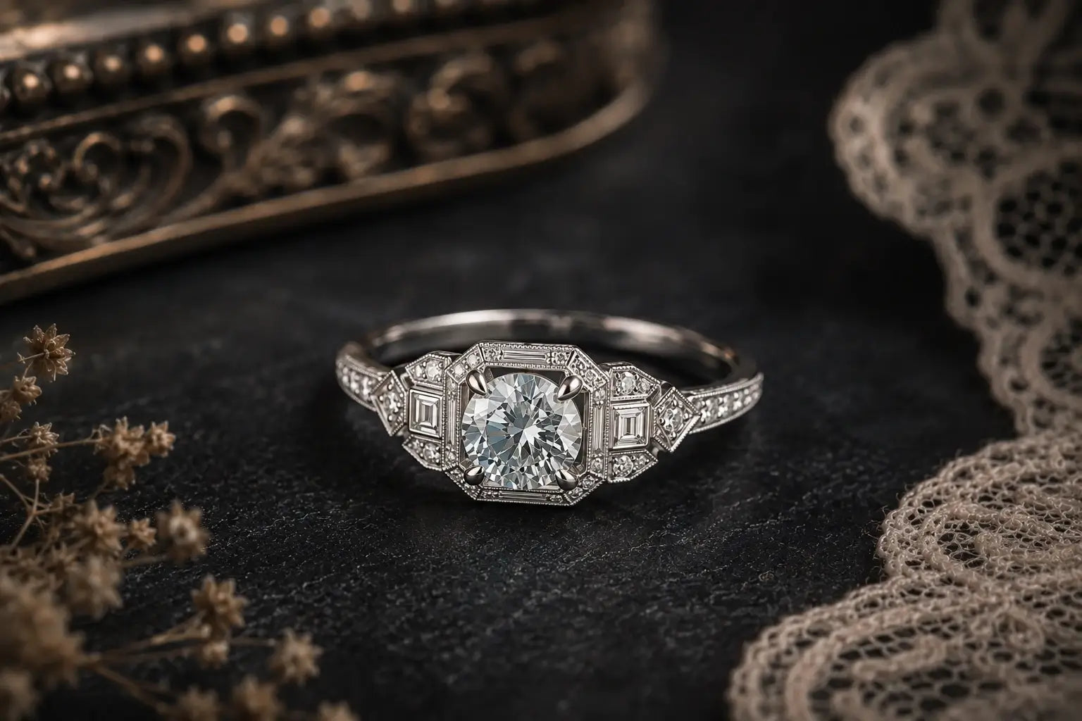 Art Deco engagement ring with geometric symmetry step cut gemstones and structured vintage gold setting