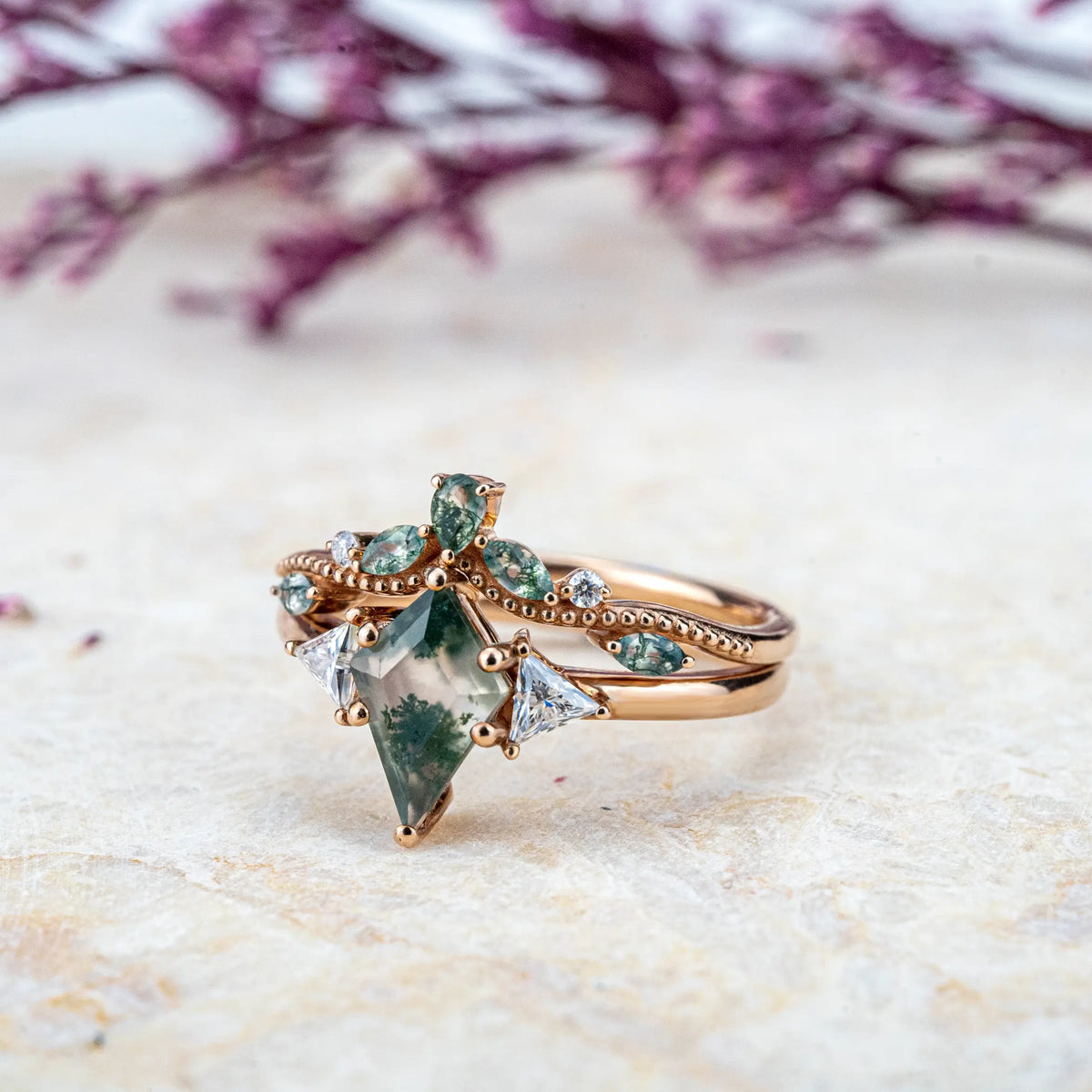 Kite Cut Moss Agate Engagement Ring Set Three Stone Ring Vintage Rings Custom Handmade Jewelry