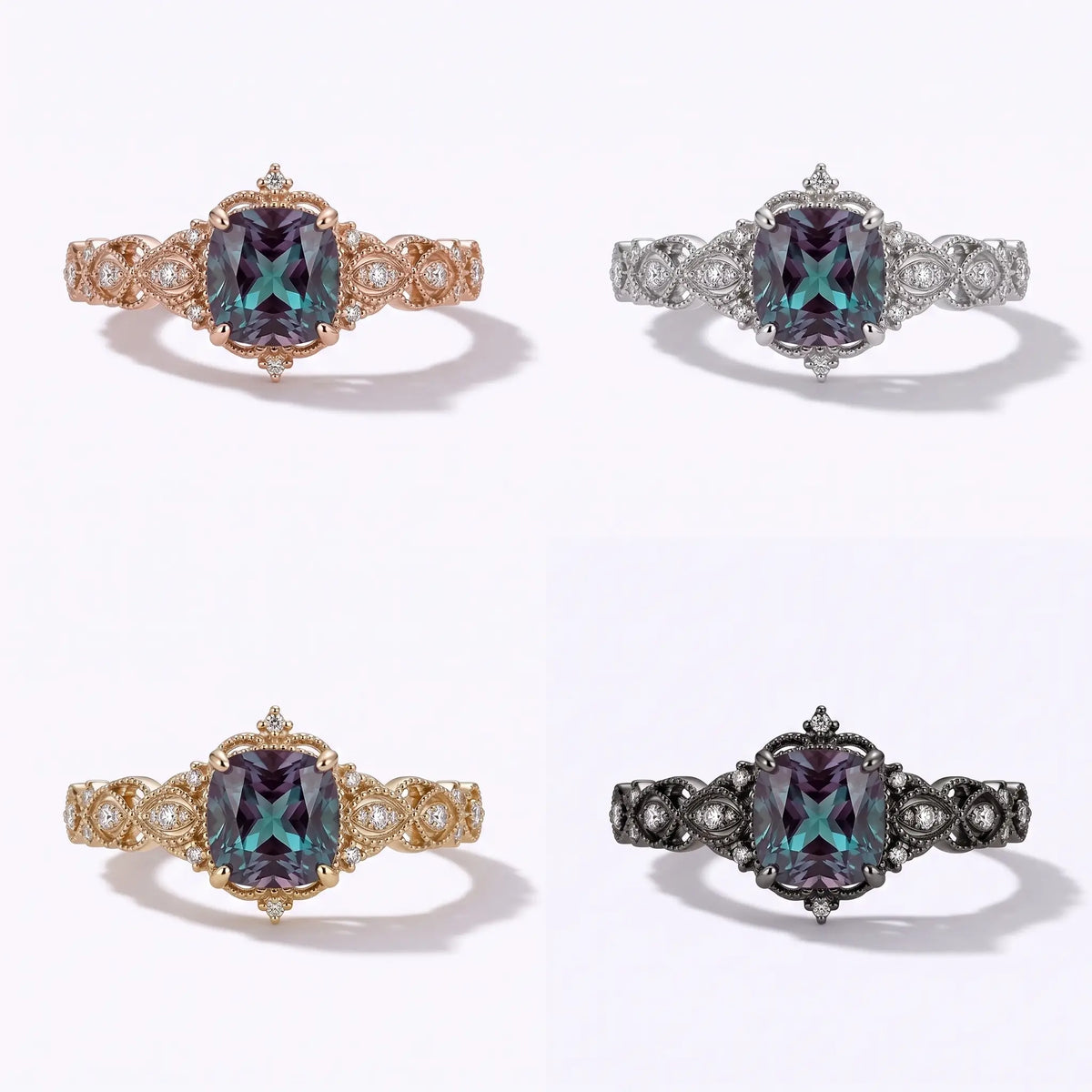 Vintage Edwardian Cushion Cut Lab Alexandrite Engagement Ring Ornate Openwork Milgrain Gold Band – Virelia