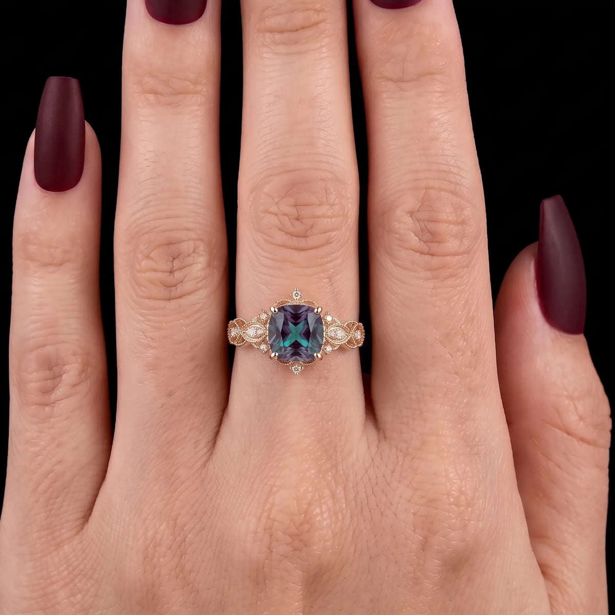 Vintage Edwardian Cushion Cut Lab Alexandrite Engagement Ring Ornate Openwork Milgrain Gold Band – Virelia
